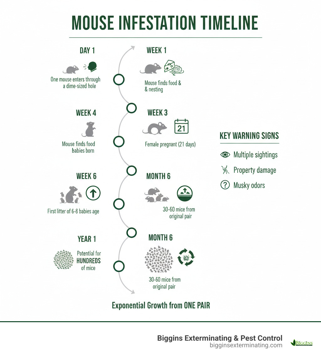 Infographic showing the mouse infestation timeline: Day 1 - One mouse enters through a dime-sized hole; Week 1 - Mouse finds food and nesting material; Week 3 - Female mouse becomes pregnant (21-day gestation); Week 6 - First litter of 6-8 babies born; Month 3 - Those babies reach breeding age; Month 6 - Original pair plus offspring equals 30-60 mice; Year 1 - Potential for hundreds of mice from one breeding pair. Includes visual icons showing exponential growth and key warning signs at each stage. - emergency mouse exterminator infographic 