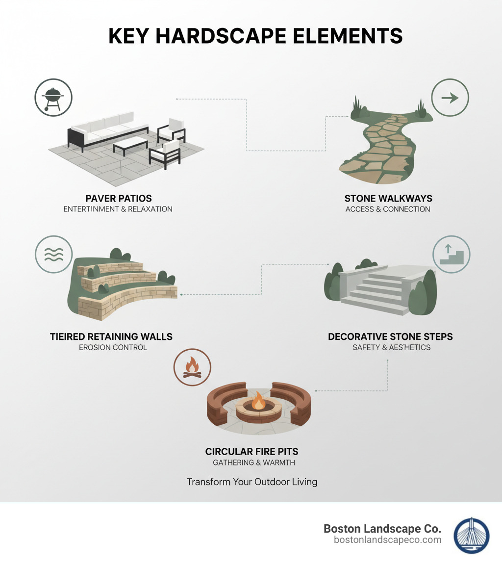 infographic showing key hardscape elements including paver patios with outdoor furniture, stone walkways connecting spaces, tiered retaining walls on slopes, decorative stone steps, and circular fire pit areas, with labels indicating their primary functions for entertainment, access, erosion control, safety, and gathering - hardscape installer near me infographic 