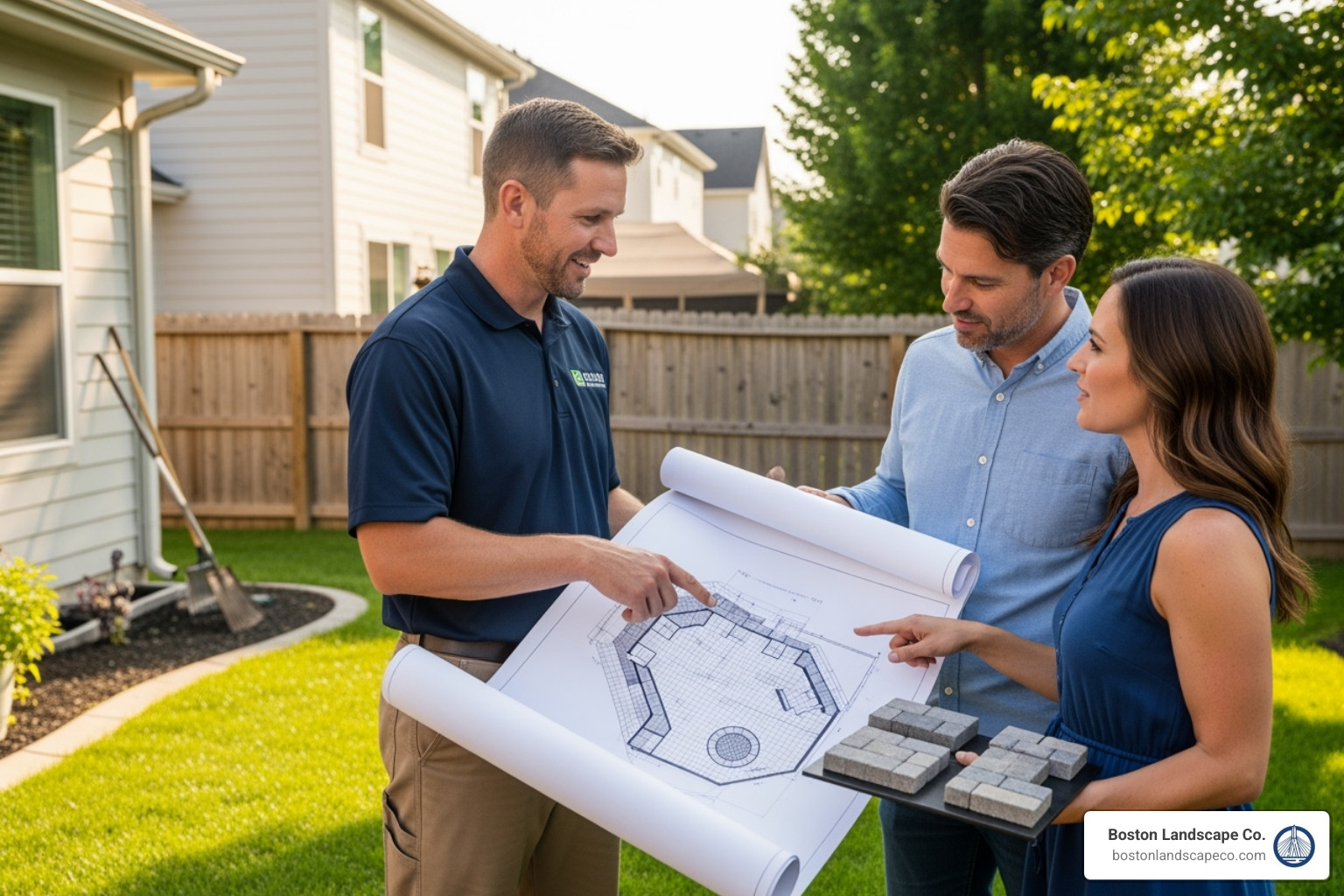 professional hardscape installer consulting with homeowner - hardscape installer near me