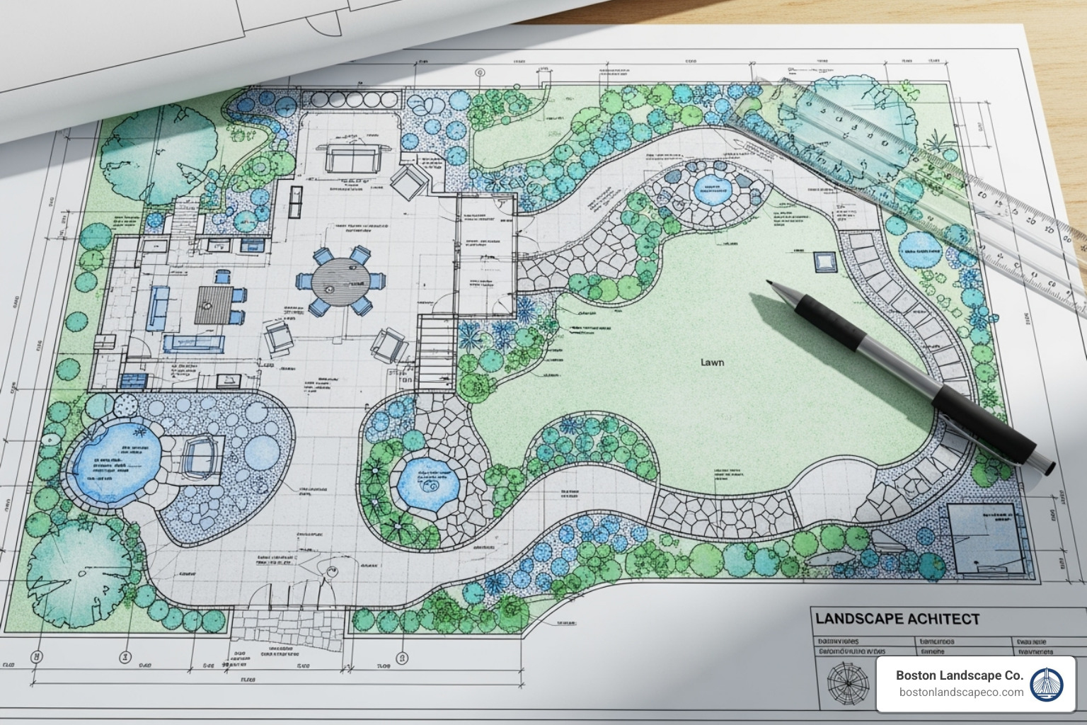 A landscape architect's blueprint for a backyard design, showing a patio, pathways, and garden beds, with a pen and ruler resting on it. - garden hardscape designs