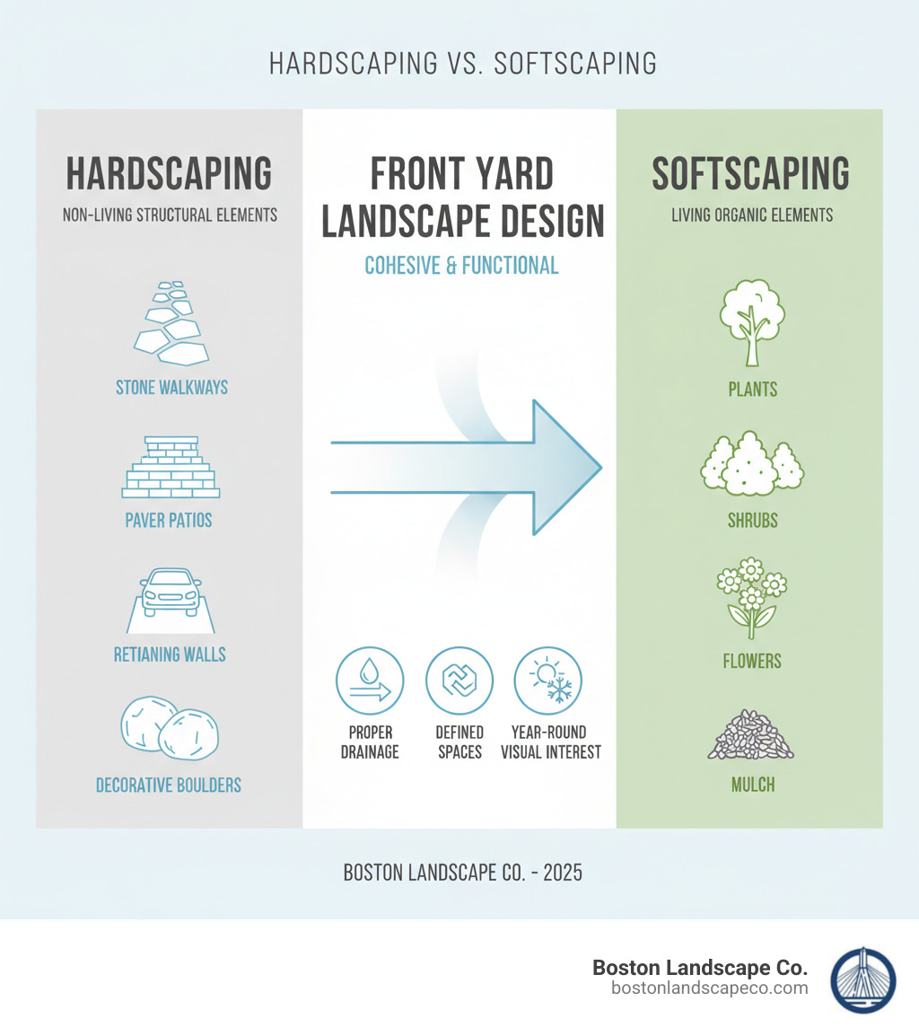 Infographic showing the differences between hardscaping and softscaping elements in a front yard. Left side shows hardscape examples: stone walkways, paver patios, retaining walls, driveways, and decorative boulders labeled as non-living structural elements. Right side shows softscape examples: plants, trees, shrubs, flowers, and mulch labeled as living organic elements. Center shows how both work together to create a cohesive landscape design with proper drainage, defined spaces, and year-round visual interest. - hardscape front yard infographic Infographic showing the differences between hardscaping and softscaping elements in a front yard. Left side shows hardscape examples: stone walkways, paver patios, retaining walls, driveways, and decorative boulders labeled as non-living structural elements. Right side shows softscape examples: plants, trees, shrubs, flowers, and mulch labeled as living organic elements. Center shows how both work together to create a cohesive landscape design with proper drainage, defined spaces, and year-round visual interest. - hardscape front yard infographic