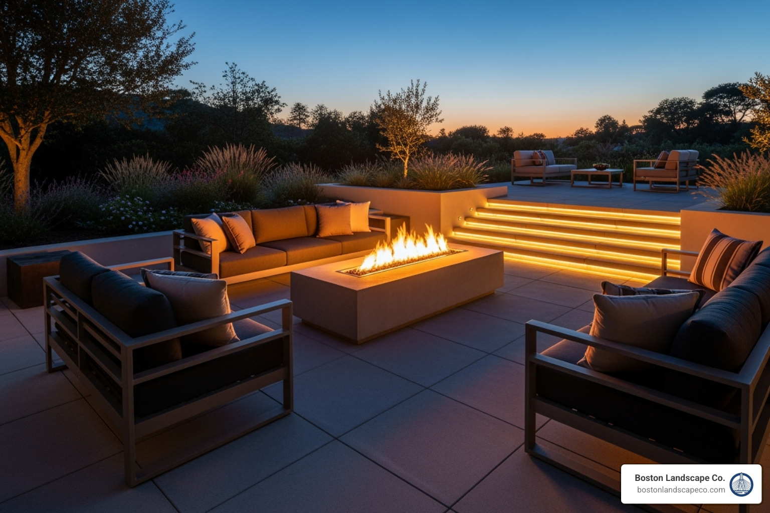 A modern patio with a sleek, built-in concrete fire pit, comfortable outdoor seating, and integrated LED strip lighting under the steps creating a warm glow. - garden hardscape designs