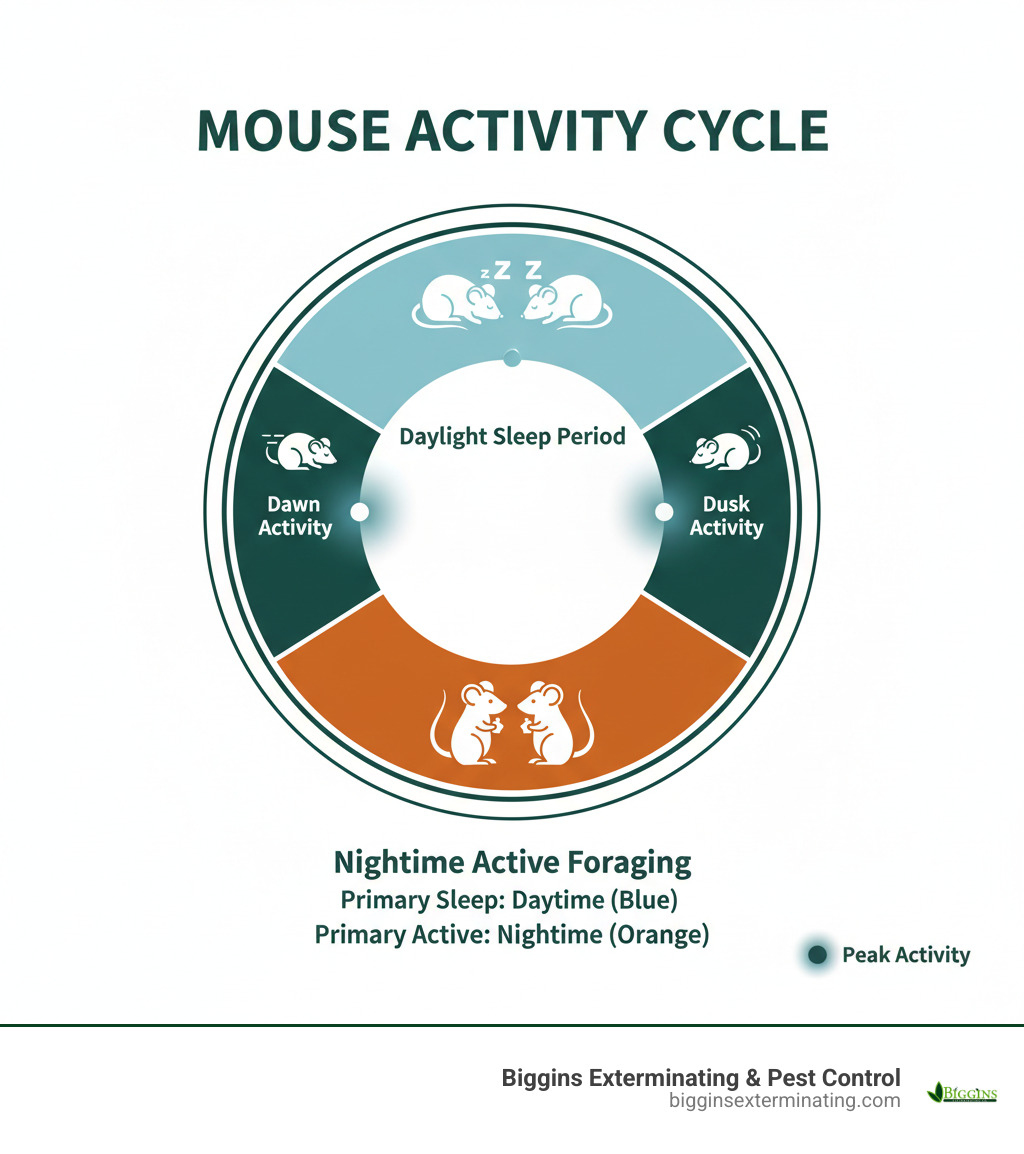 infographic showing a 24-hour clock divided into segments illustrating mouse sleep periods during daylight hours (shown in blue) and active foraging periods during nighttime hours (shown in orange), with peak activity highlighted at dusk and dawn, including icons of sleeping mice during day and active mice with food at night - Are mice nocturnal? infographic 