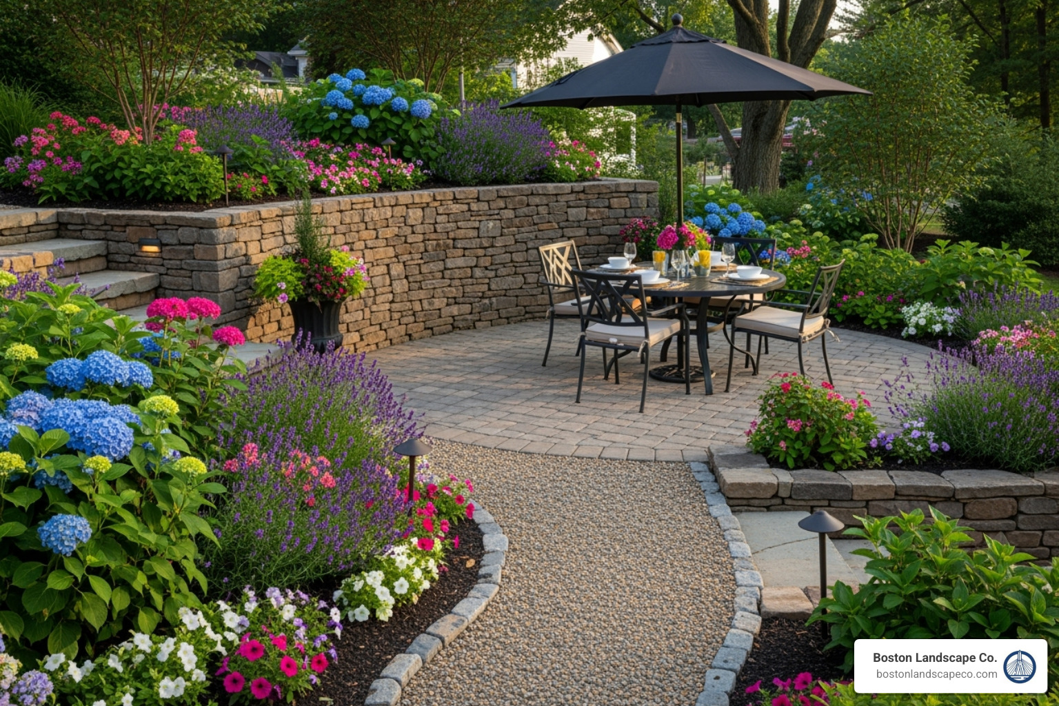A multi-level garden featuring a stone retaining wall, a paver patio for dining with an umbrella, and a gravel pathway connecting lush garden beds. - garden hardscape designs