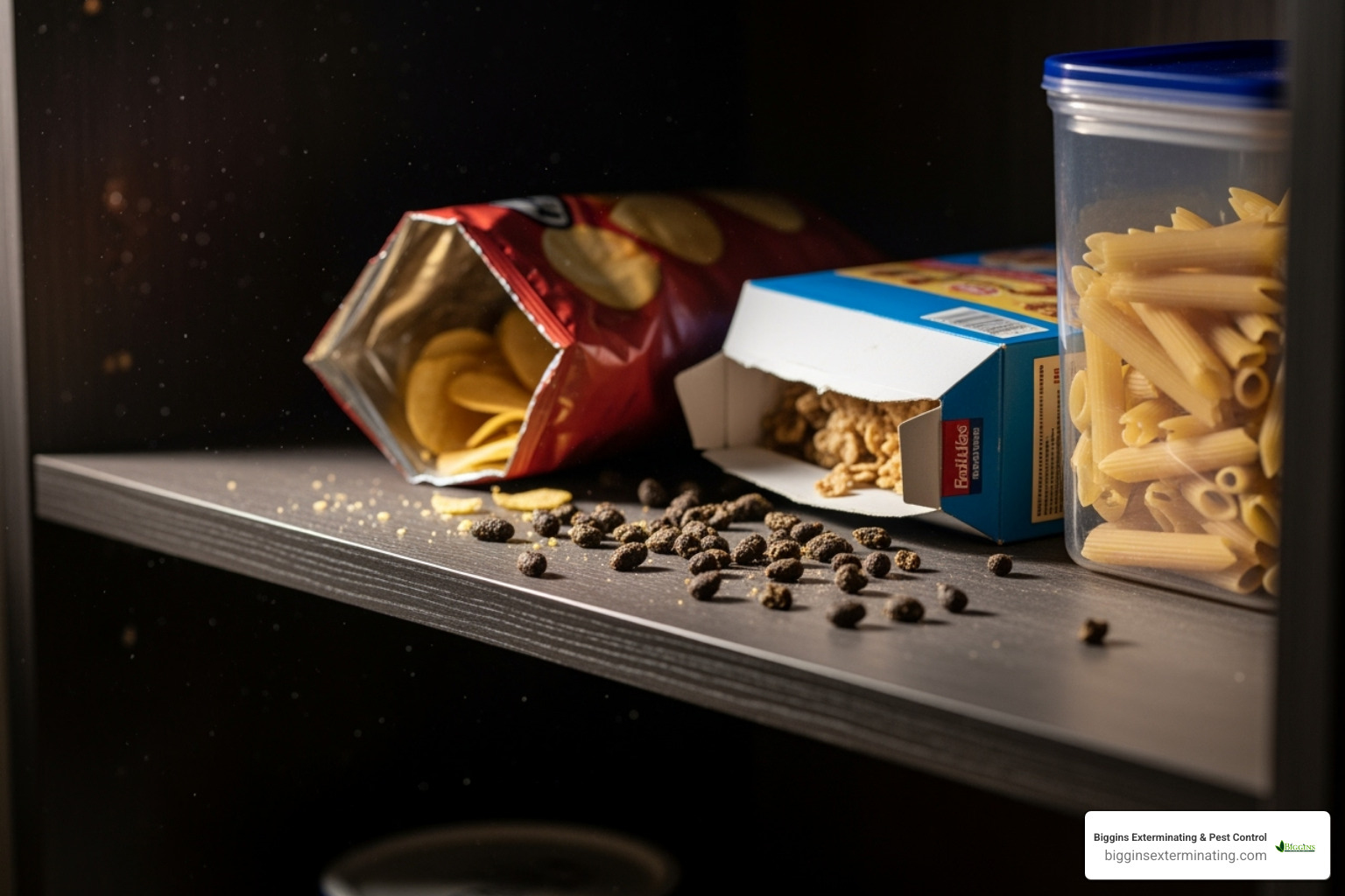 mouse droppings on a pantry shelf - Are mice nocturnal?