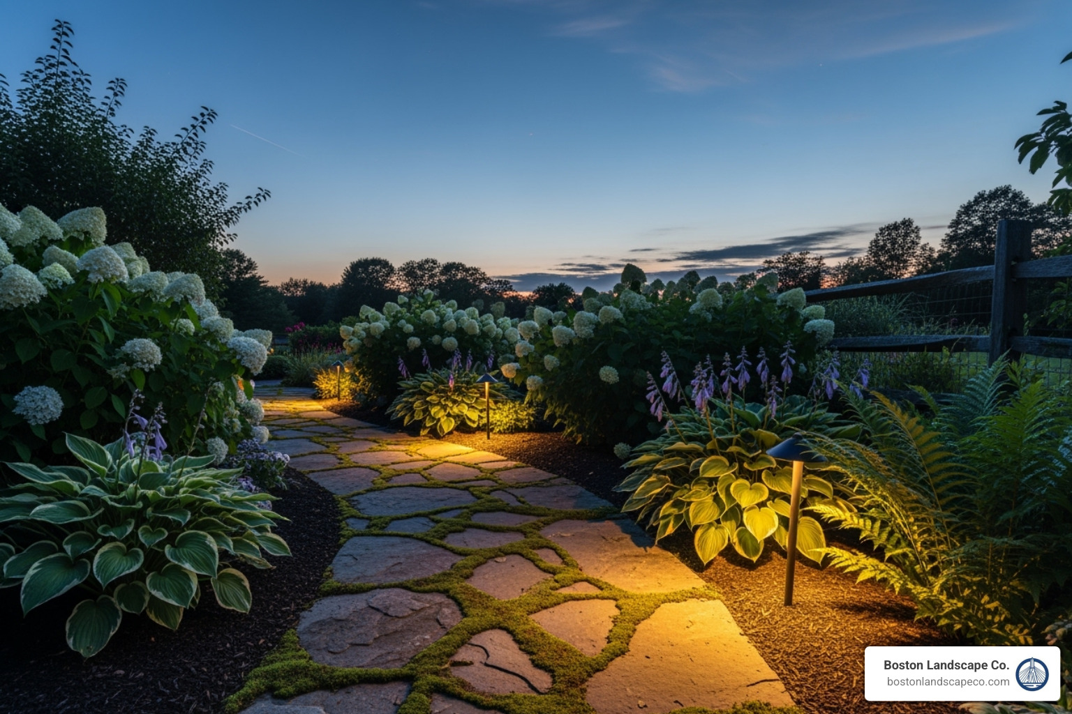 stone walkway at dusk, illuminated by low-voltage path lights. - Walkway for garden stone walkway at dusk, illuminated by low-voltage path lights. - Walkway for garden