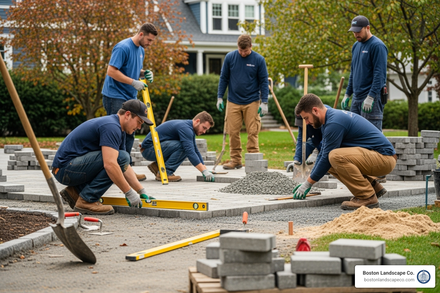 Boston Landscape Co. team working on a hardscaping project - hardscape front yard Boston Landscape Co. team working on a hardscaping project - hardscape front yard