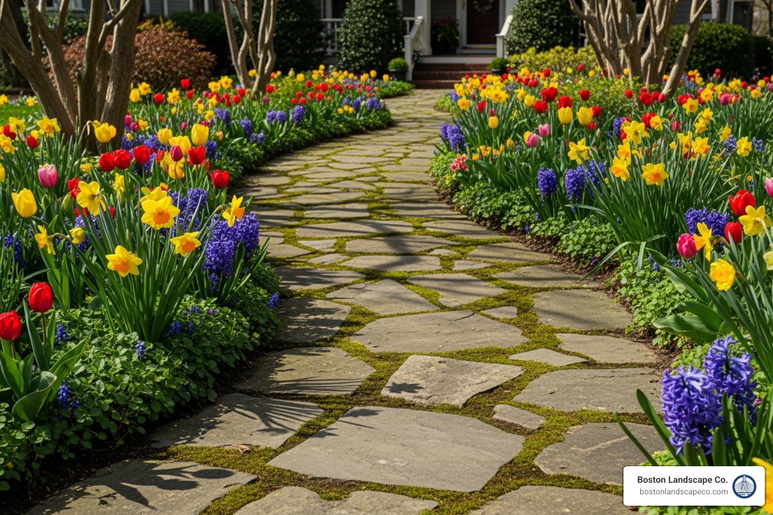 curving flagstone walkway with spring flowers - hardscape front yard curving flagstone walkway with spring flowers - hardscape front yard