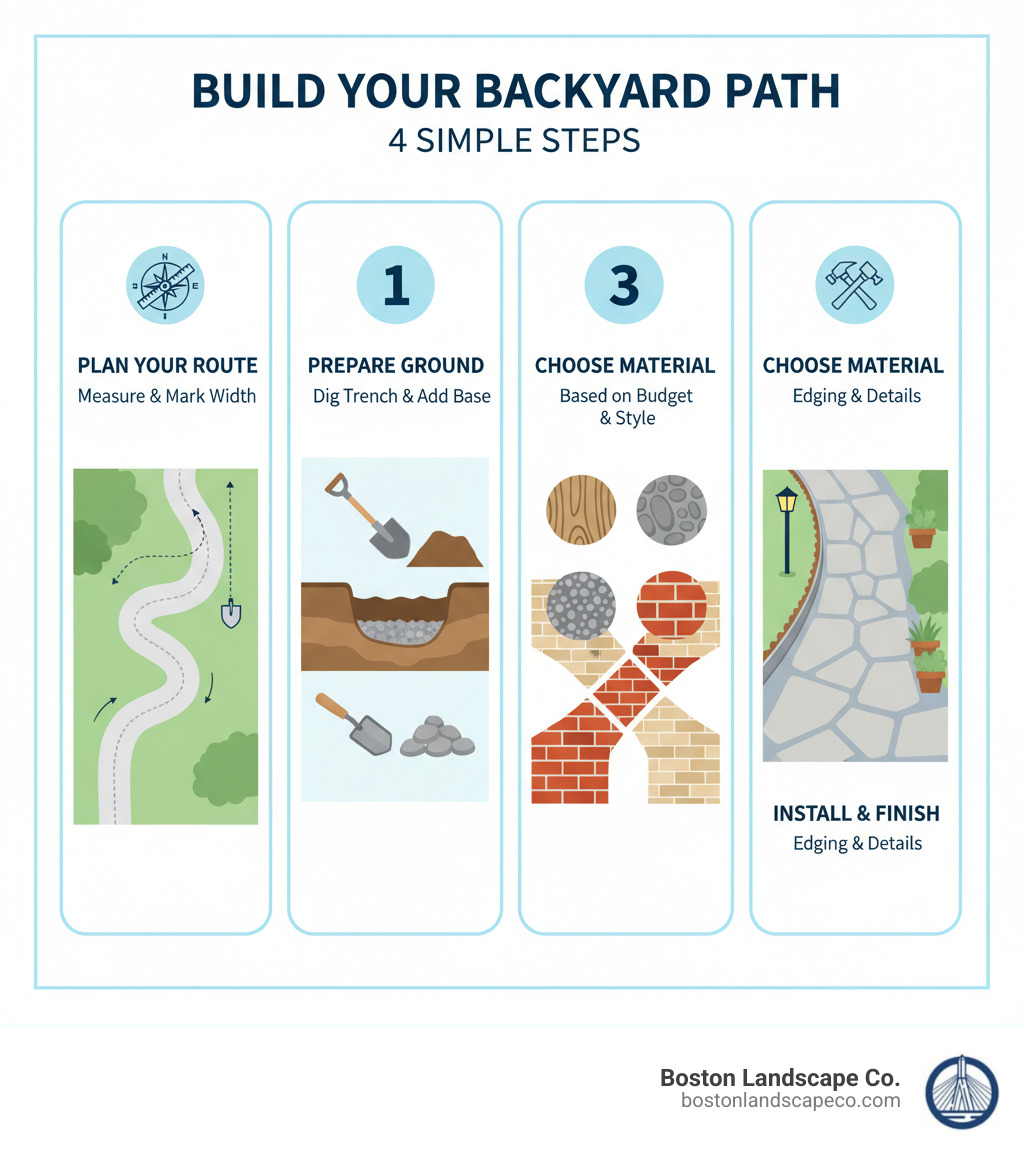 Infographic showing 4 steps to build a path: 1. Plan your route and measure width needed, 2. Prepare the ground by digging trench and adding base material, 3. Choose your path material based on budget and style, 4. Install with proper edging and finishing touches - Backyard path ideas infographic 