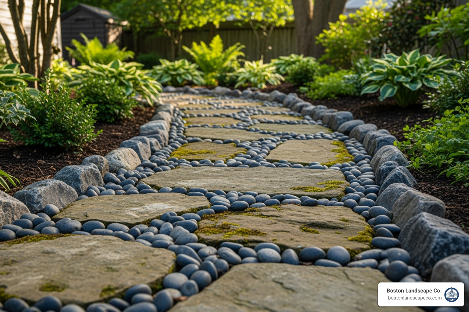 A creative mixed-material path using large flagstones surrounded by dark river rock - Backyard path ideas