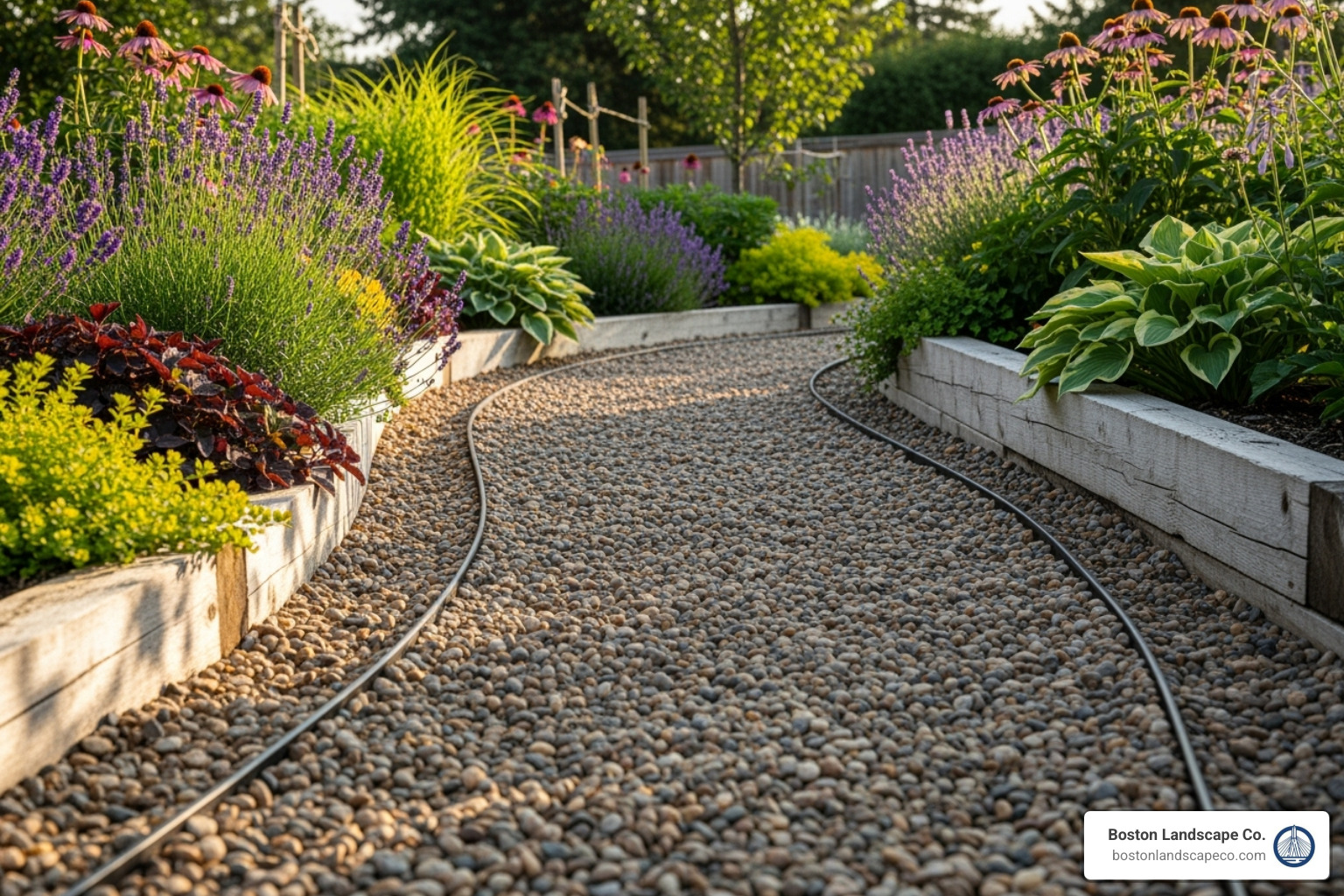 A classic pea gravel path with dark metal edging next to raised garden beds - Backyard path ideas