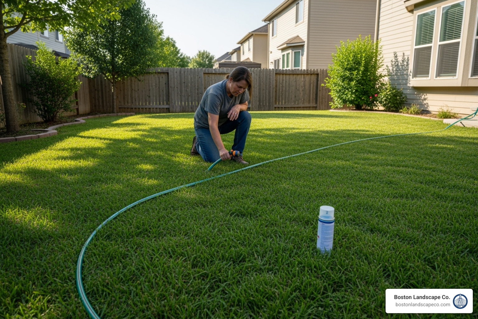 A homeowner laying out a curved path with a garden hose and spray paint - Backyard path ideas