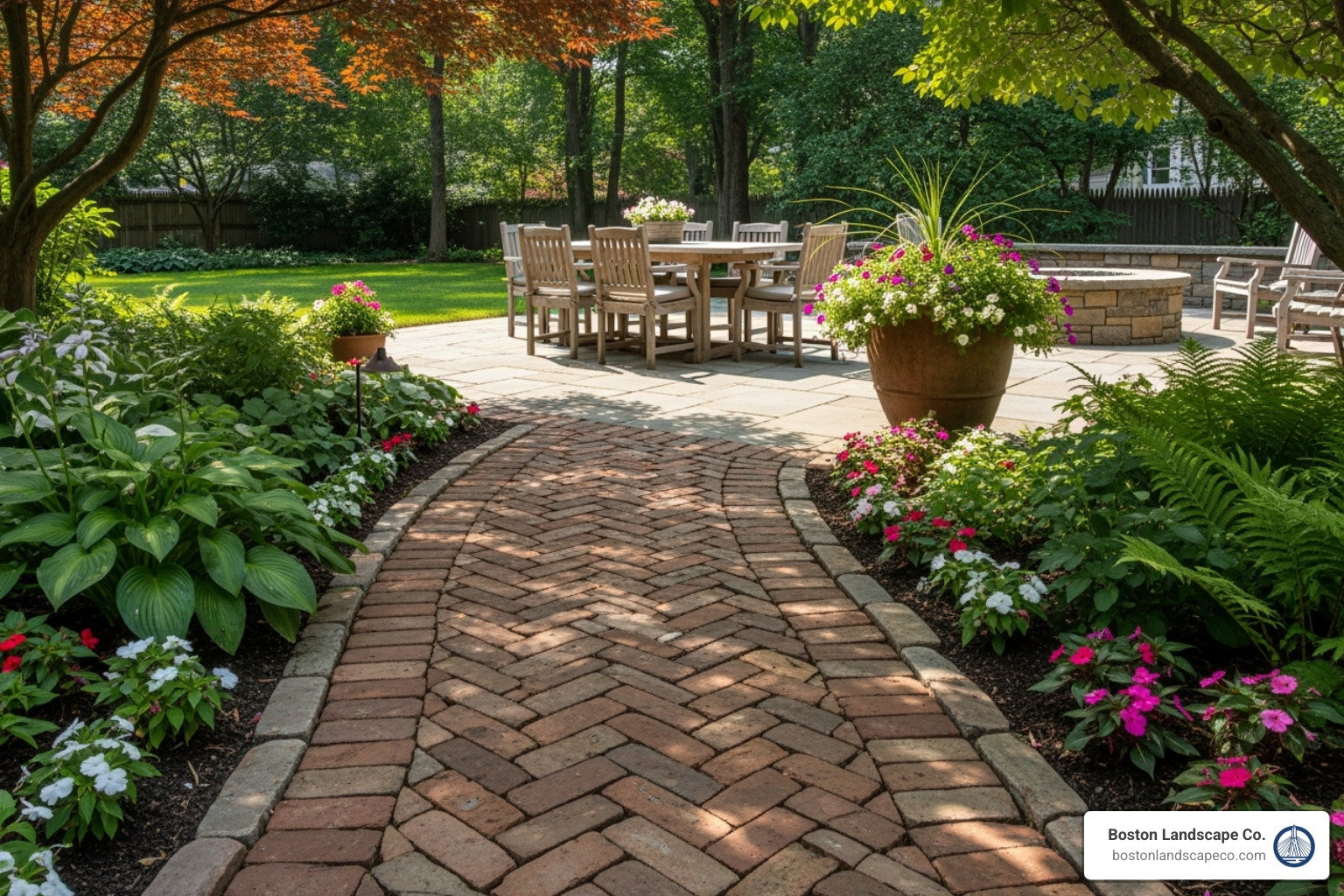 A traditional herringbone brick path leading to a patio - Backyard path ideas