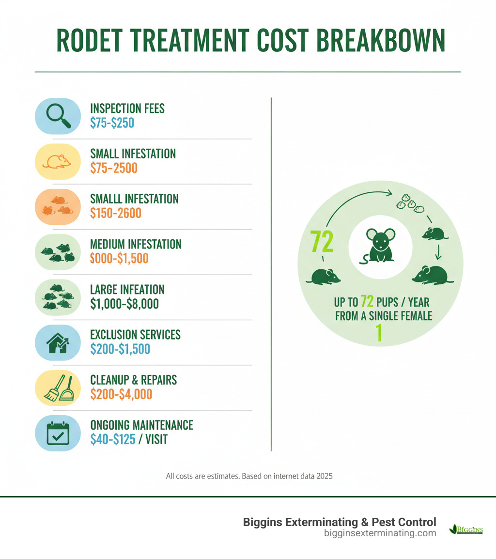 Infographic showing rodent treatment cost breakdown: inspection fees ranging $75-$250, small infestation treatment $150-$600, medium infestation $500-$1,500, large infestation $1,000-$8,000, exclusion services $200-$1,500, cleanup and repairs $200-$4,000, and ongoing maintenance $40-$125 per visit, with icons showing a mouse breeding cycle producing up to 72 pups per year from a single female - rodent treatment cost infographic 