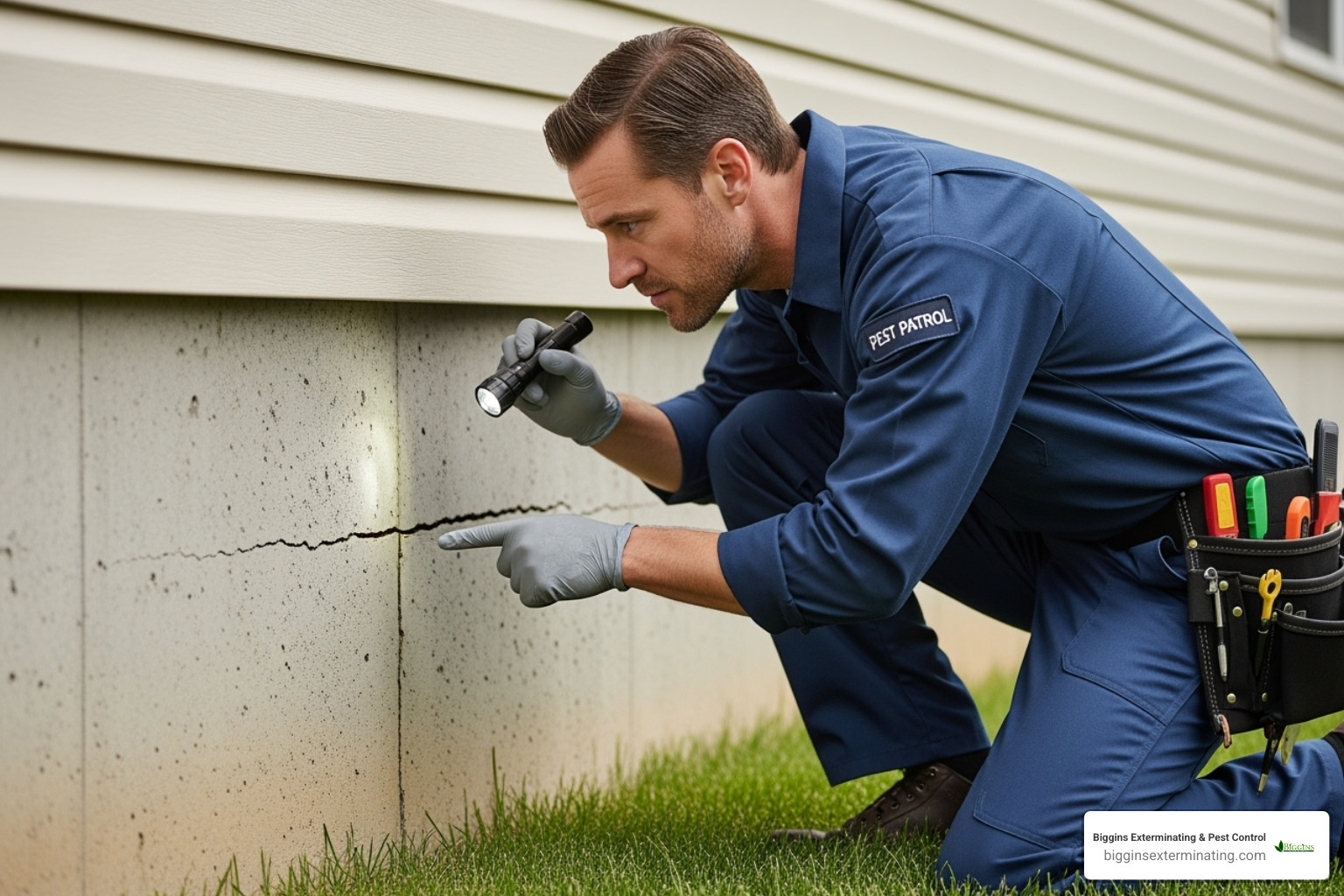 A professional exterminator inspecting a home's foundation for rodent entry points - rodent treatment cost