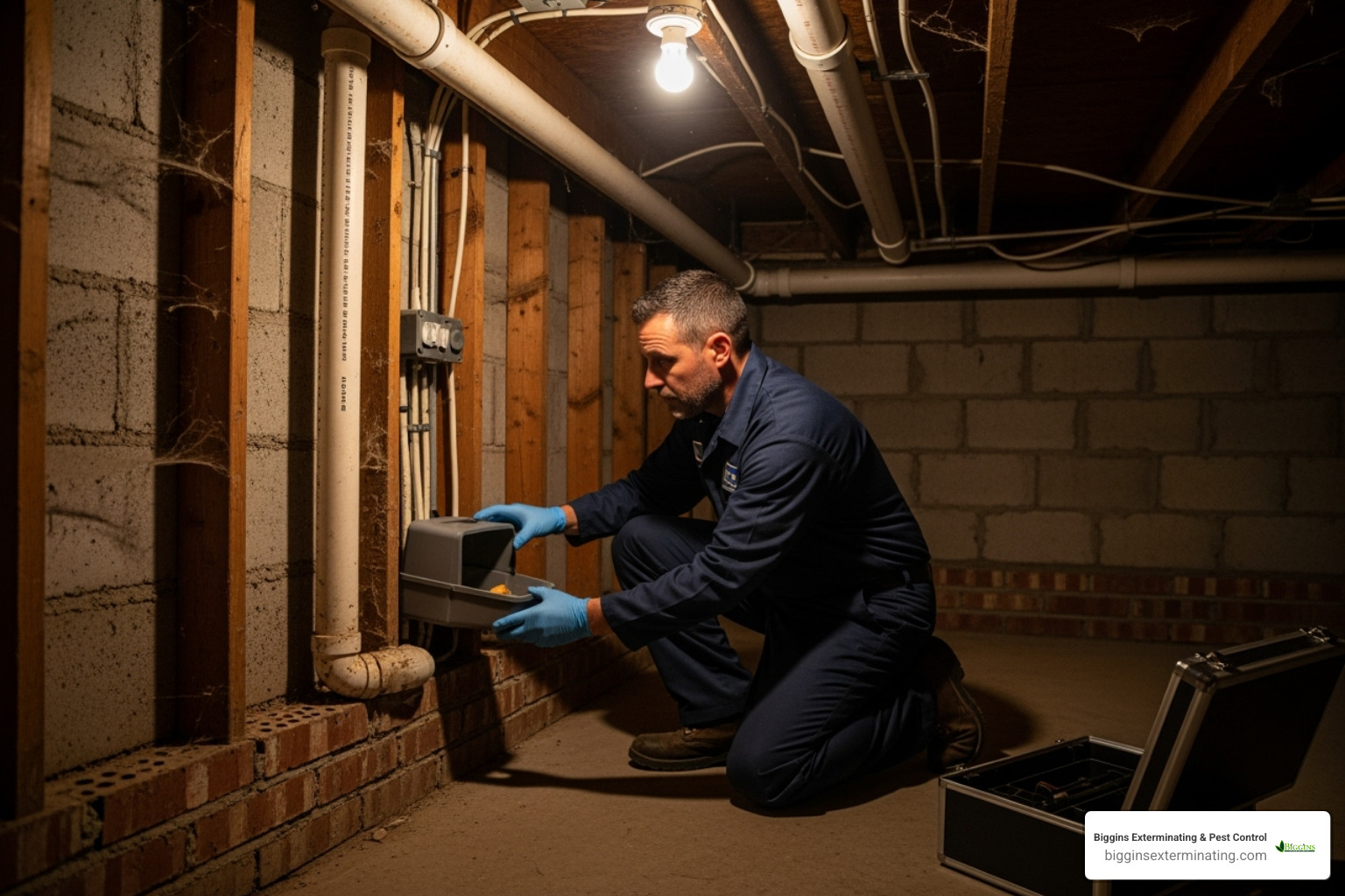 A pest control technician safely setting a bait station in a basement - rodent treatment cost