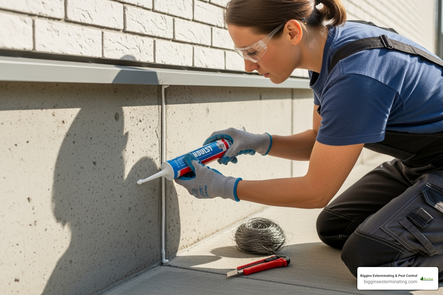 Homeowner sealing foundation crack - Mice Exterminator in Andover MA