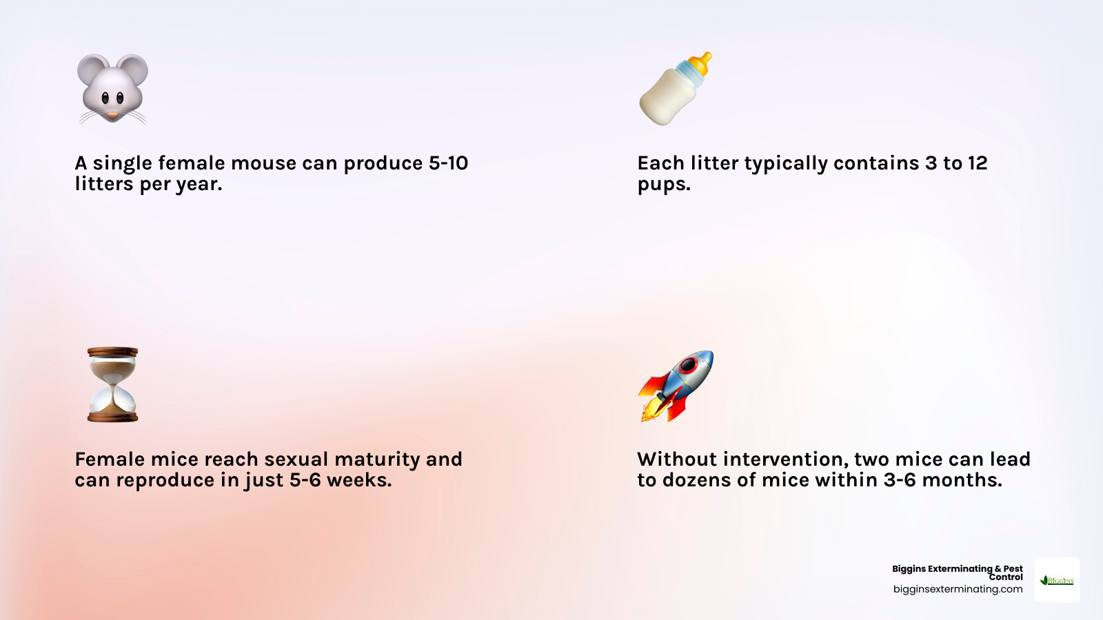 Infographic showing mouse reproduction cycle: Starting with 2 mice in January, progressing through monthly breeding cycles showing exponential growth. By month 3, 12-24 mice. By month 6, 50+ mice. Arrows indicate female mice reaching sexual maturity at 5-6 weeks. Labels show 5-10 litters per year per female, 3-12 pups per litter, and notes that without intervention, two mice can become a severe infestation of dozens within months. - best exterminator for mice near me infographic 4_facts_emoji_light-gradient