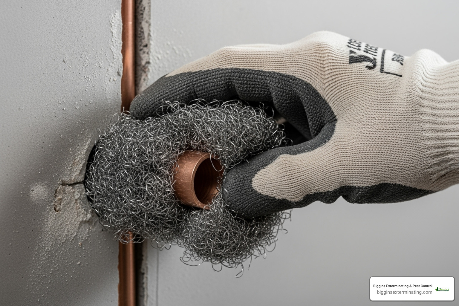 Close-up of a hand using steel wool to seal a pipe entry point in a wall. - best exterminator for mice near me