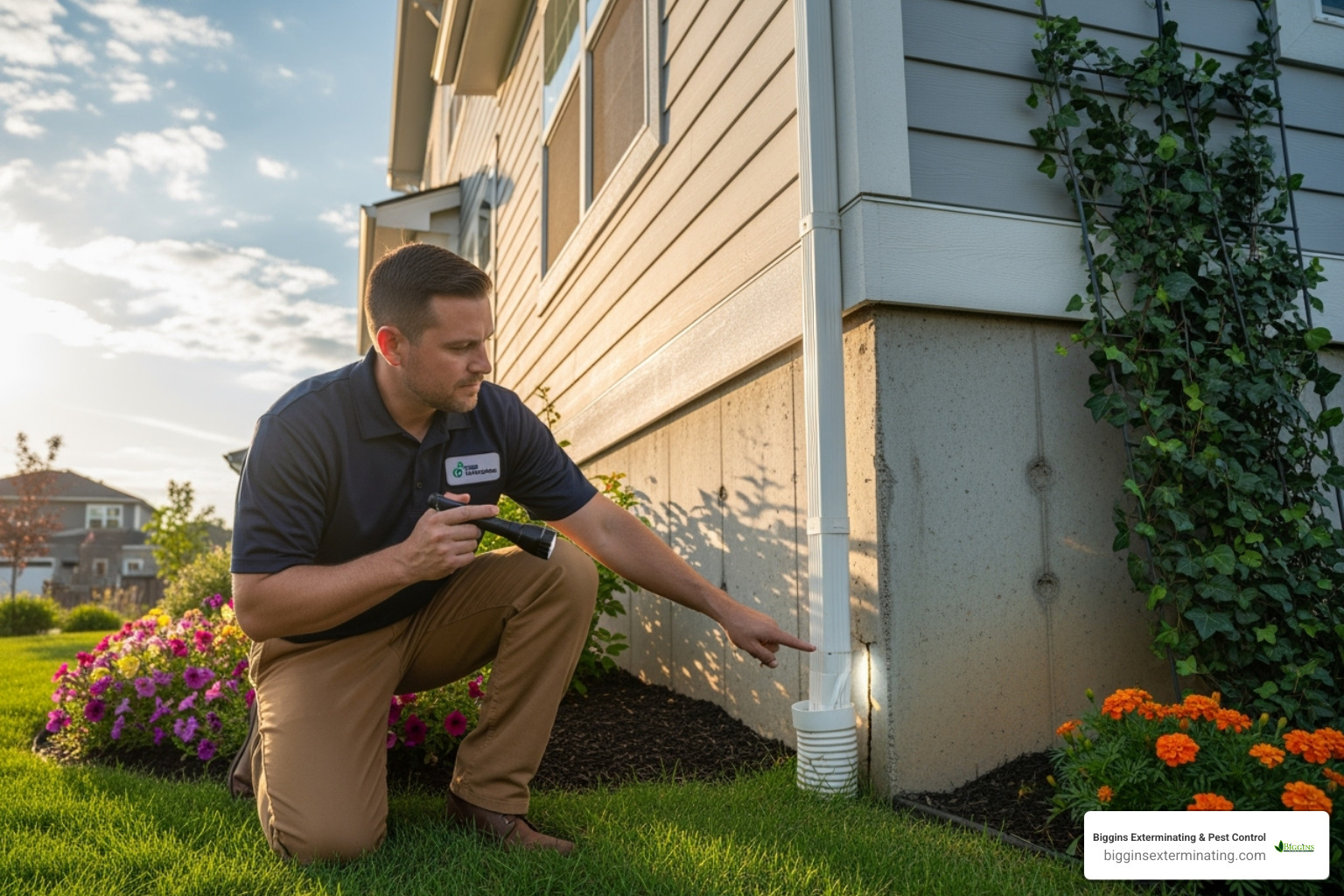 Image of a professional exterminator inspecting the exterior foundation of a home with a flashlight, looking for entry points. - best exterminator for mice near me