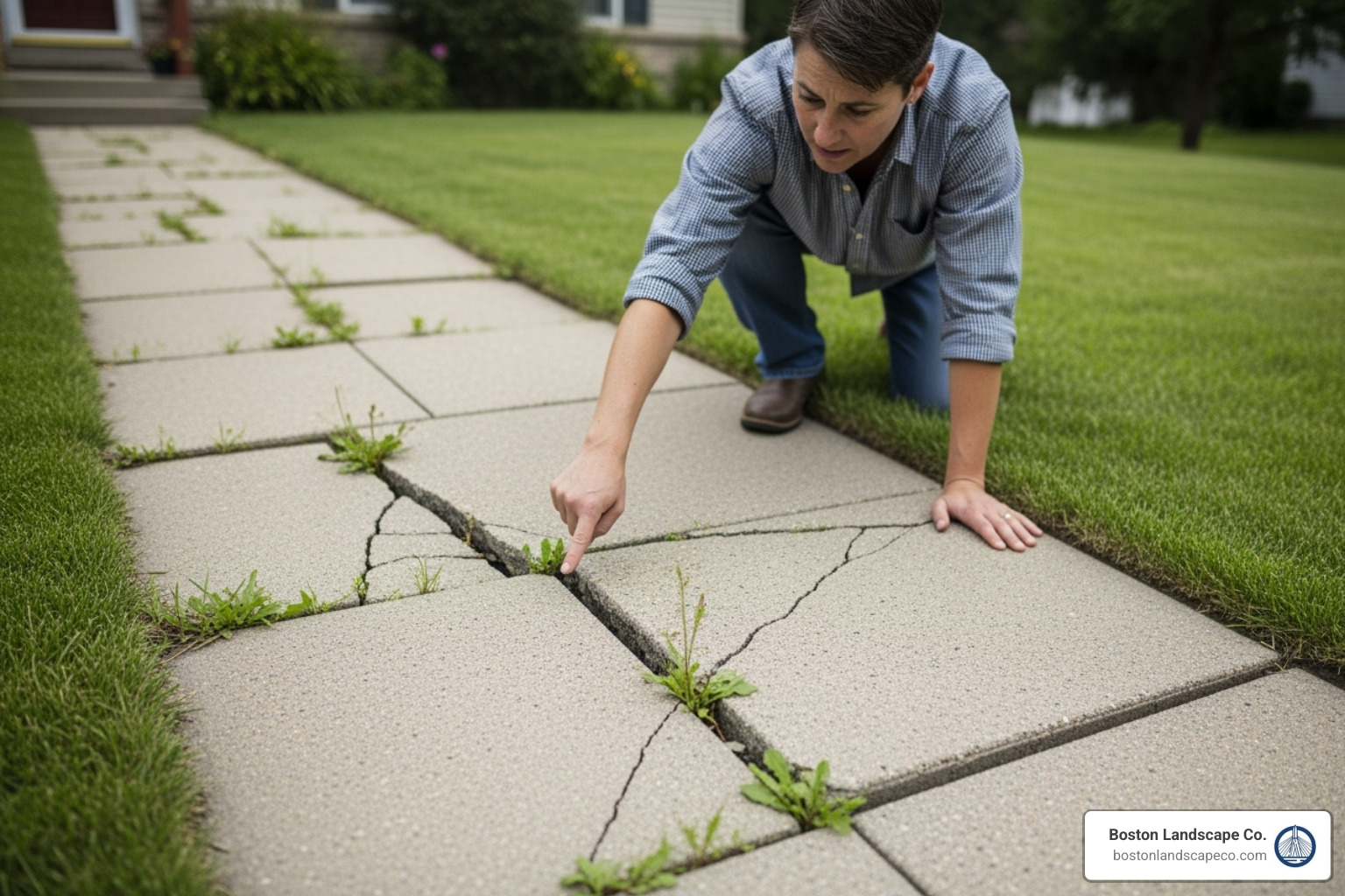 homeowner pointing to large crack in concrete walkway - hardscape repair near me