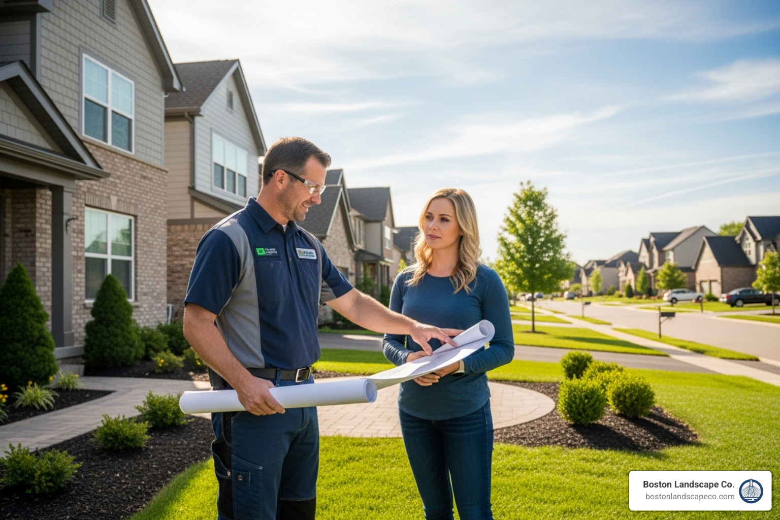 professional hardscape contractor discussing project with homeowner in suburban setting - hardscape repair near me
