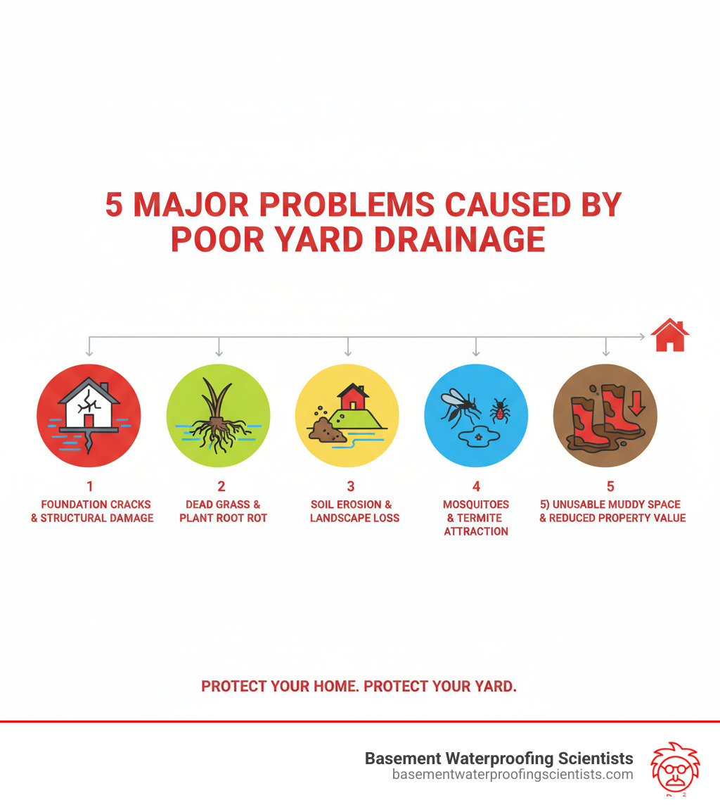 infographic showing five major problems caused by poor yard drainage: 1) Foundation cracks and structural damage from hydrostatic pressure, 2) Dead grass and plant root rot from waterlogged soil, 3) Soil erosion washing away topsoil and landscape features, 4) Mosquito breeding grounds and termite attraction in standing water, 5) Unusable muddy outdoor space reducing property value - yard drain infographic 