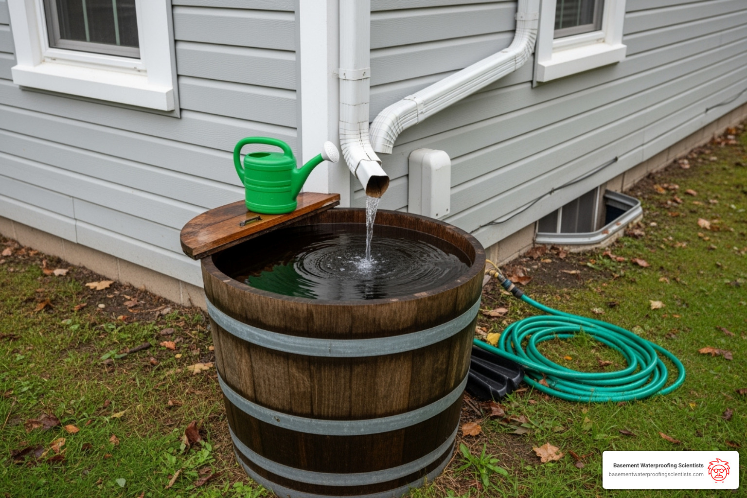 A rain barrel connected to a downspout - yard drain