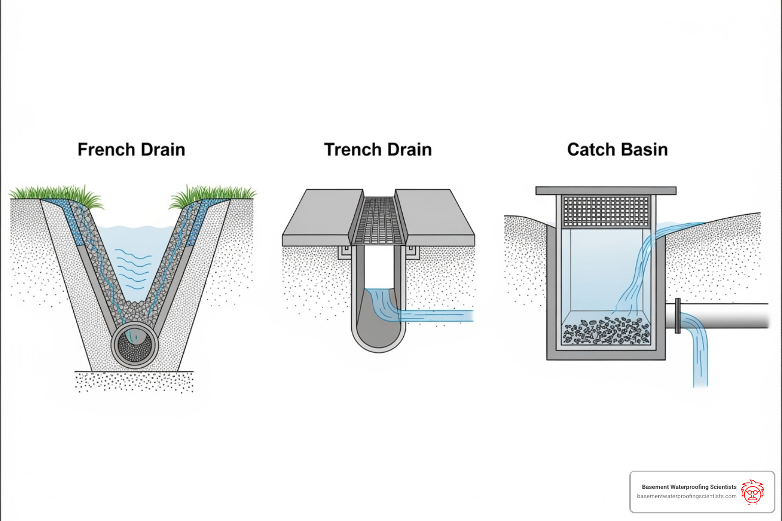 Diagram comparing a French drain, trench drain, and catch basin - yard drain