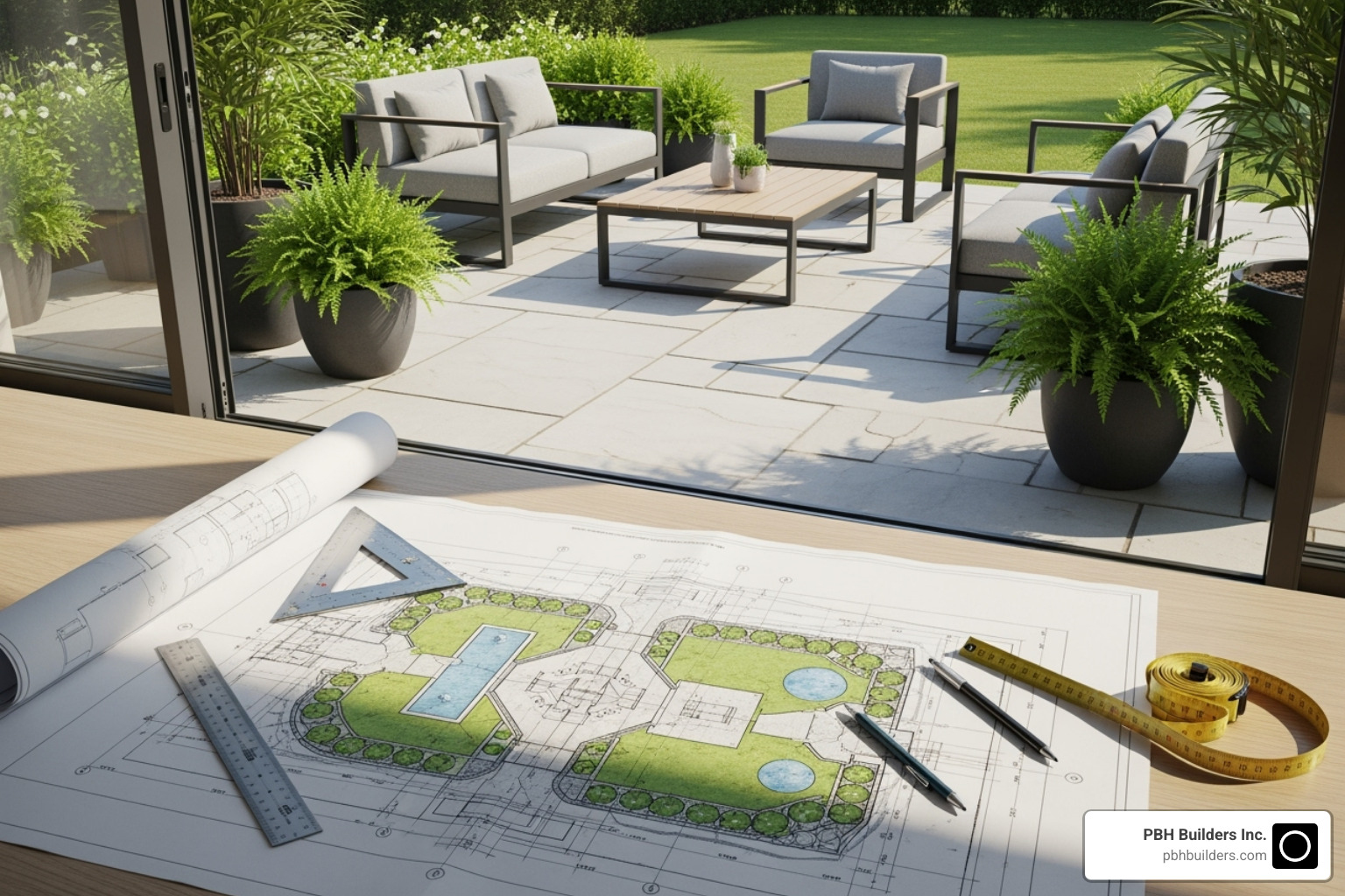 A detailed landscape design blueprint next to a finished patio with outdoor furniture and plants - landscape designers san diego county