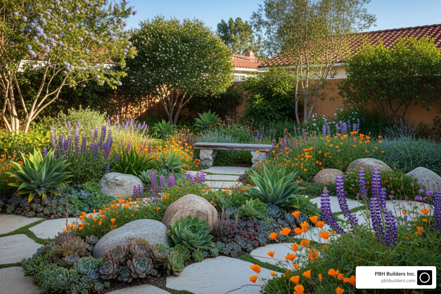 A vibrant, water-wise garden with succulents, native flowers, and drought-tolerant shrubs - landscape designers san diego county
