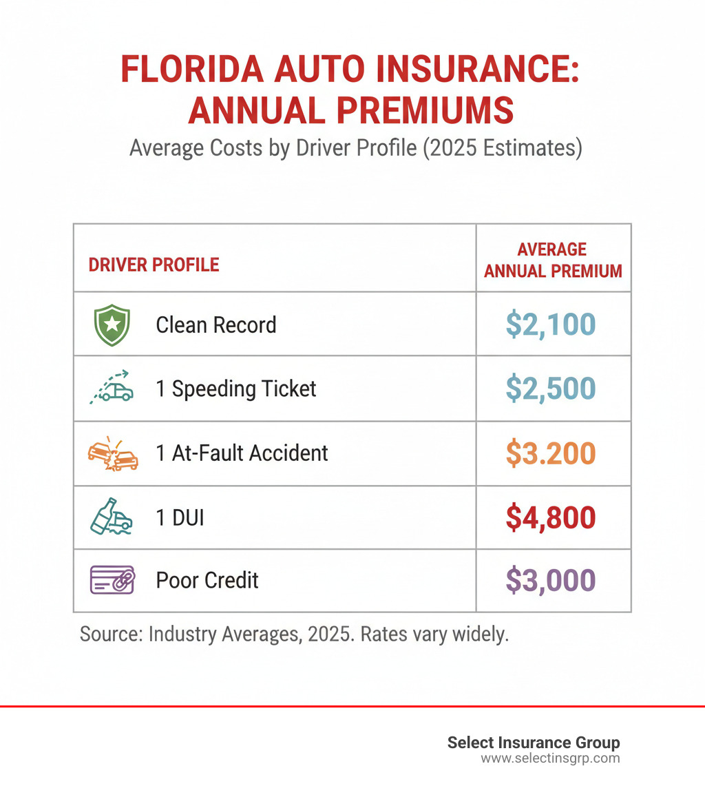 Table comparing average annual premiums for different Florida driver profiles: Clean Record, 1 Speeding Ticket, 1 At-Fault Accident, 1 DUI, and Poor Credit - Low cost auto insurance Florida infographic