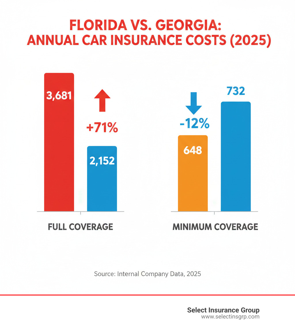 Bar chart comparing average annual car insurance costs for Florida versus Georgia, showing Florida's full coverage much higher but minimum coverage more comparable - Low cost auto insurance Florida infographic 