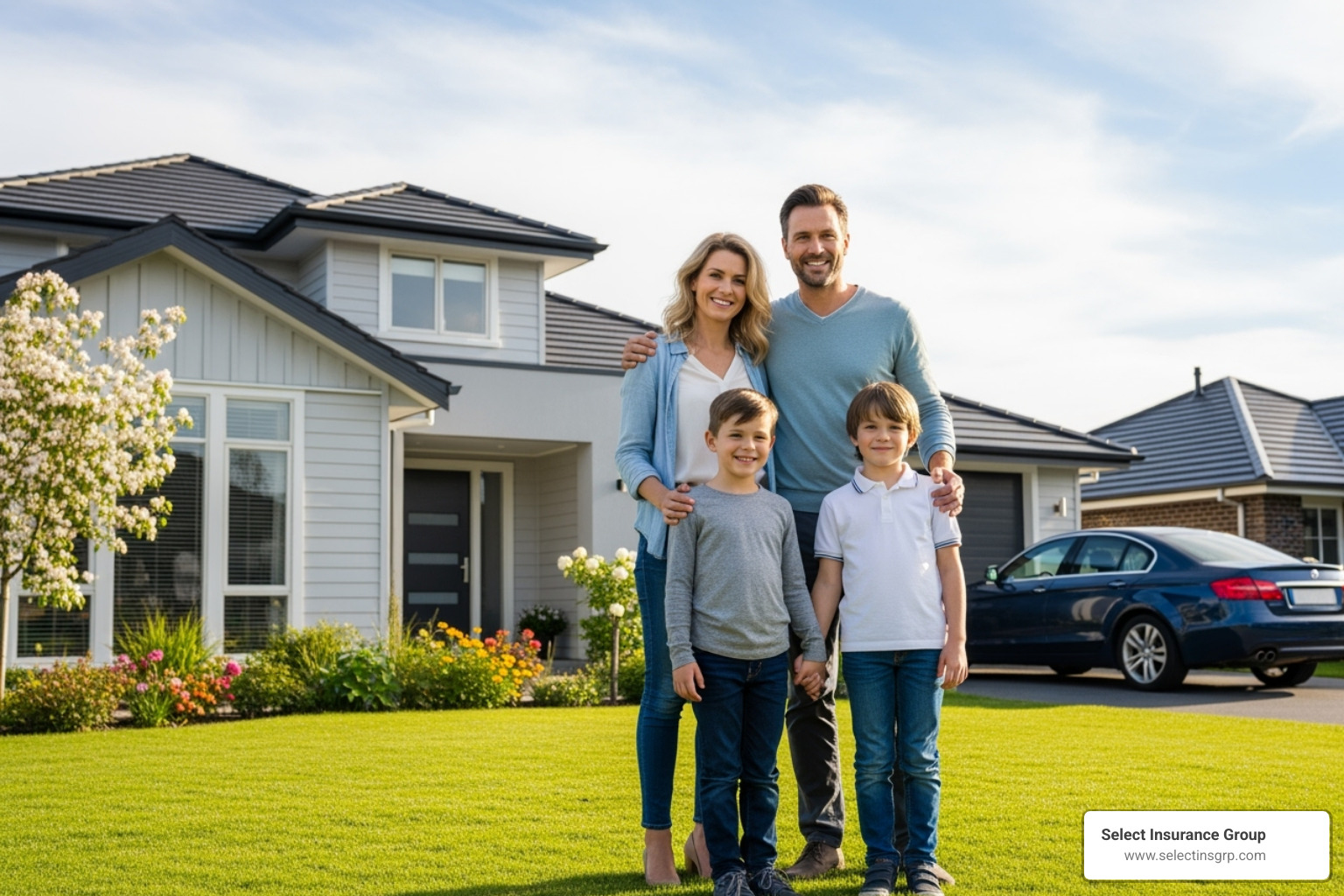 A happy family standing in front of their home and car, symbolizing security and peace of mind - Low cost auto insurance Florida