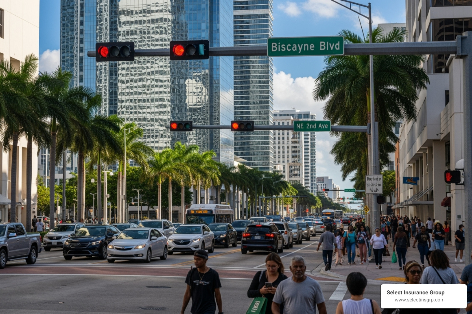 A busy intersection in Miami, Florida, with cars and pedestrians - Low cost auto insurance Florida