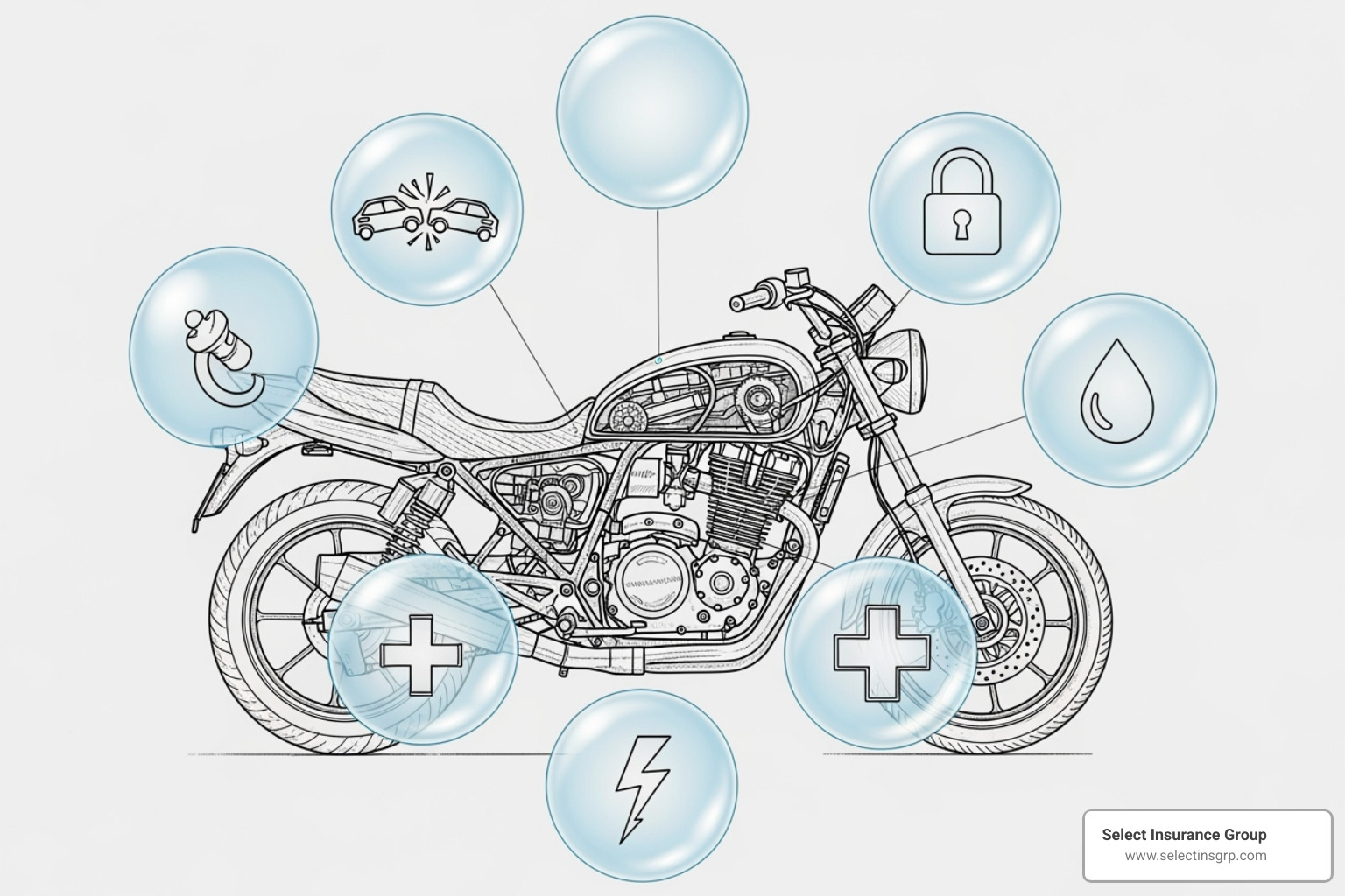 Illustrative graphic of different types of coverage protecting a motorcycle, with various icons representing collision, theft, medical, etc. - motorcycle insurance henrico va