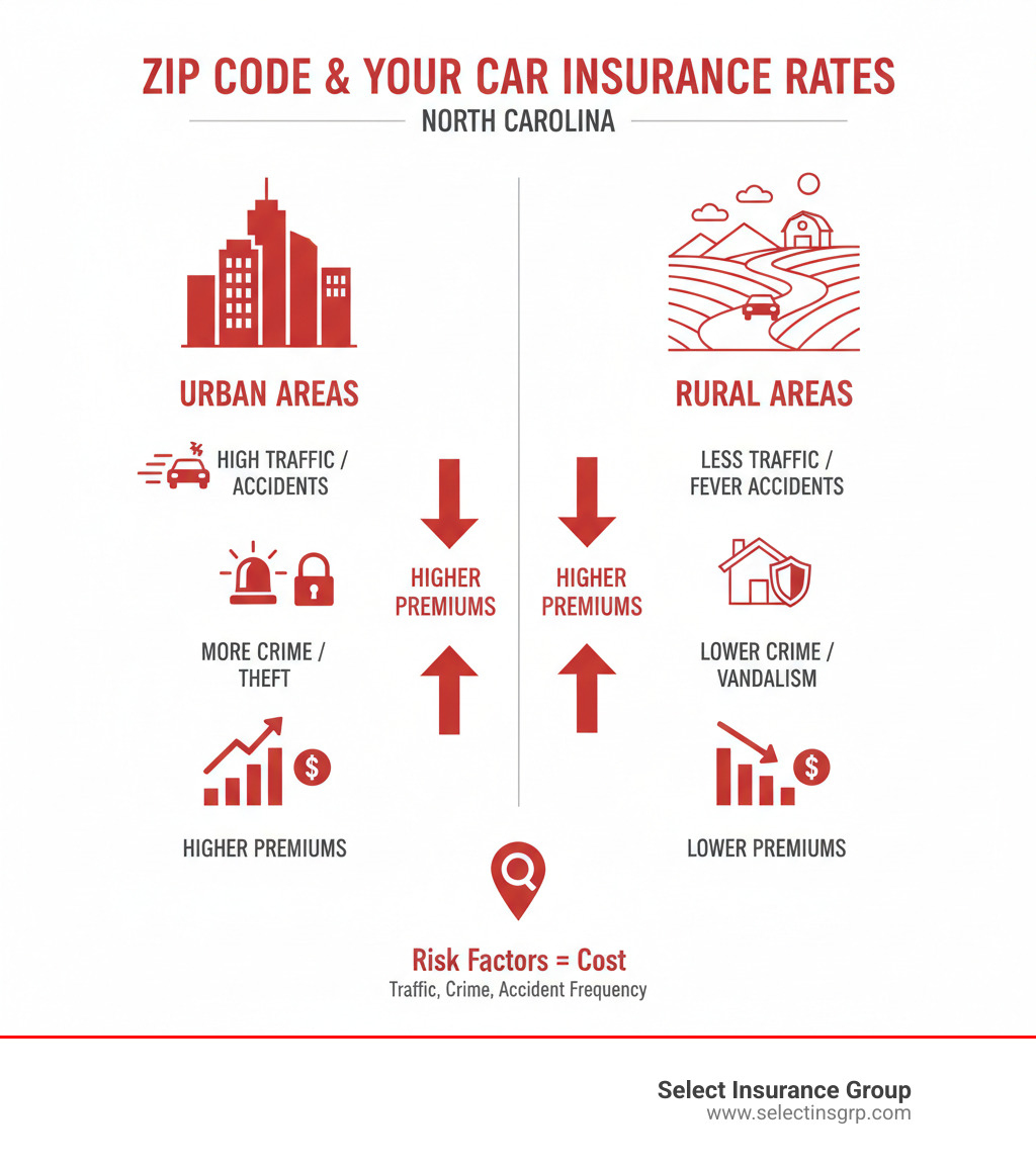 Infographic illustrating how ZIP codes influence car insurance premiums, showing higher rates in urban areas due to increased traffic, crime, and accident frequency, versus lower rates in rural areas - where in north carolina is auto insurance the least expensive infographic  Infographic illustrating how ZIP codes influence car insurance premiums, showing higher rates in urban areas due to increased traffic, crime, and accident frequency, versus lower rates in rural areas - where in north carolina is auto insurance the least expensive infographic