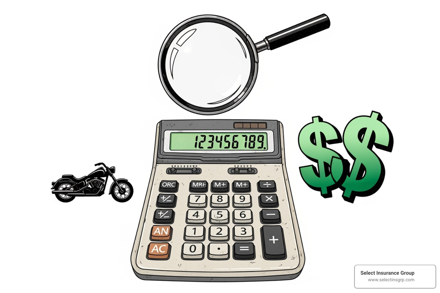 Calculator graphic with motorcycle icons, dollar signs, and a magnifying glass - motorcycle insurance henrico va