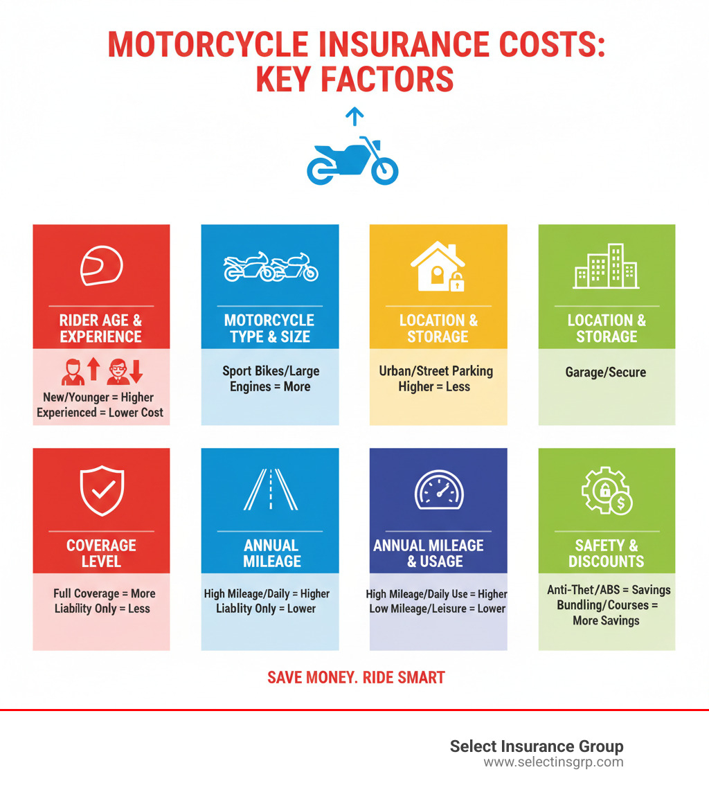 infographic showing factors affecting motorcycle insurance costs including rider age and experience, motorcycle type and engine size, location and storage, coverage level selected, annual mileage and usage, safety features and anti-theft devices, and available discounts like bundling and safety courses - cheapest motorcycle insurance infographic 