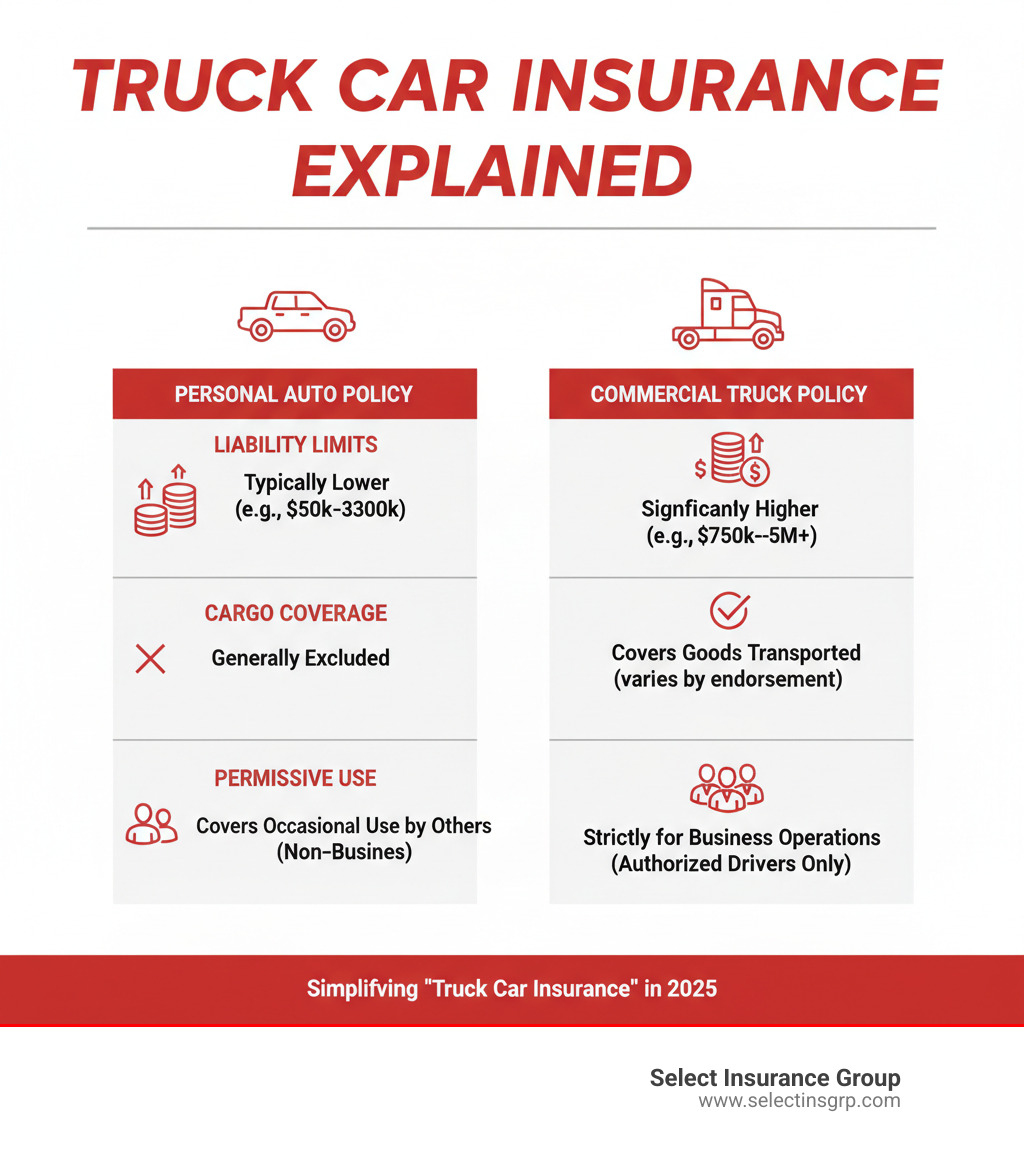 table comparing a standard Personal Auto Policy with a Commercial Truck Policy, showing differences in Liability Limits, Cargo Coverage, and Permissive Use - truck car insurance infographic 