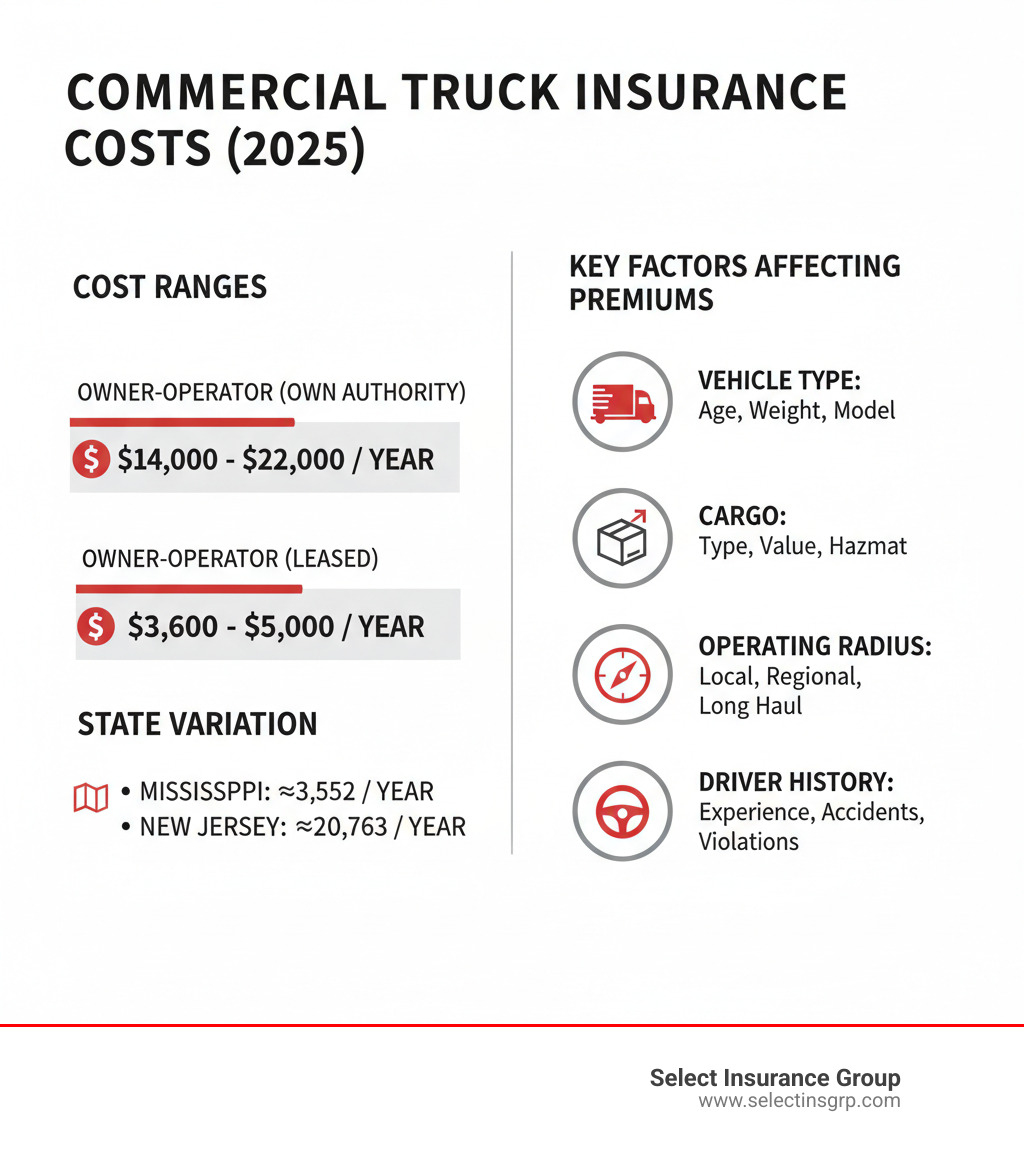 infographic showing commercial truck insurance cost ranges by operator type and state, with a breakdown of factors affecting premiums including vehicle type, cargo, operating radius, and driver history - Average truck insurance cost infographic 