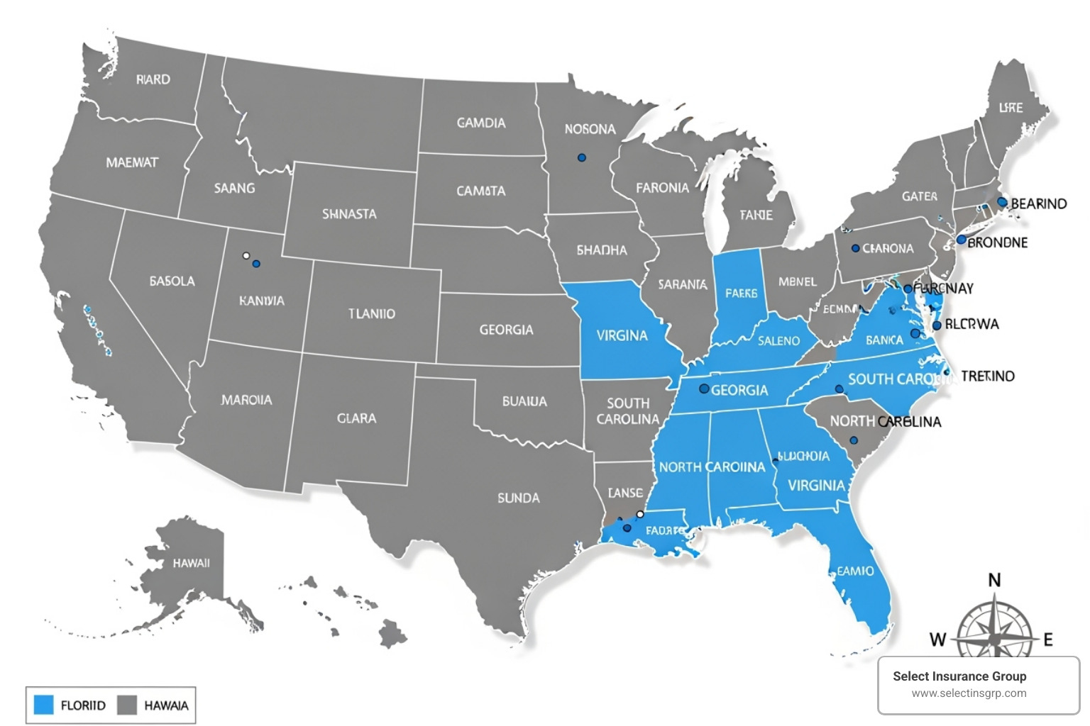 map of the United States highlighting the Southeast - cheapest motorcycle insurance