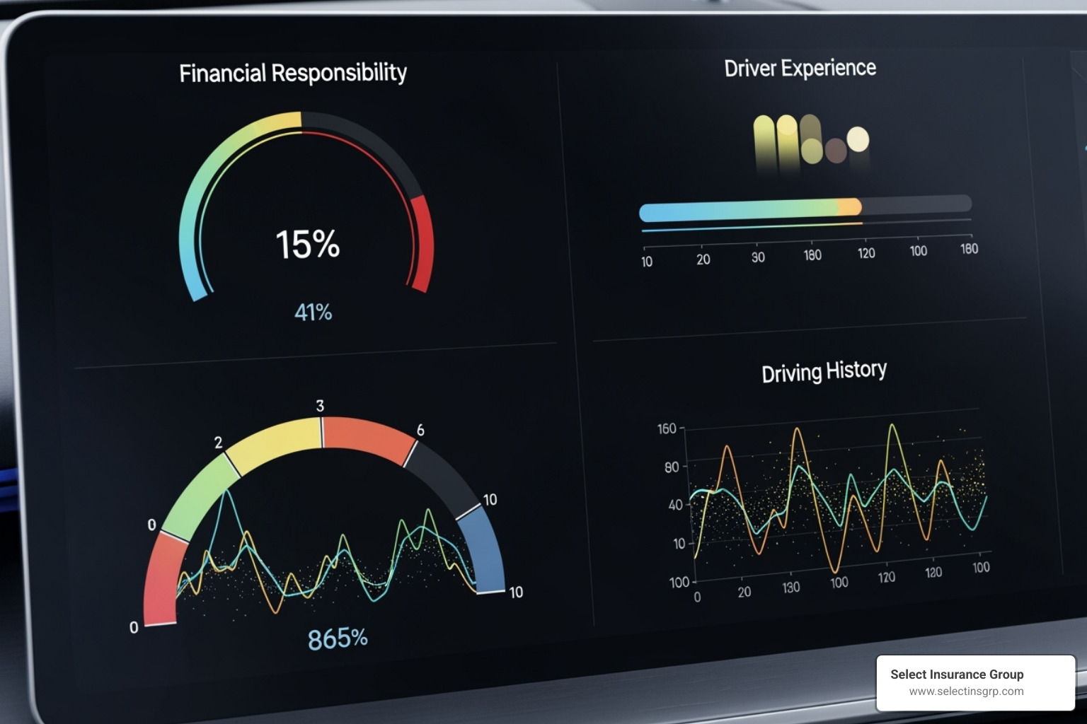 dashboard with various gauges representing insurance factors like credit, age, and driving record - auto insurance companies orlando fl