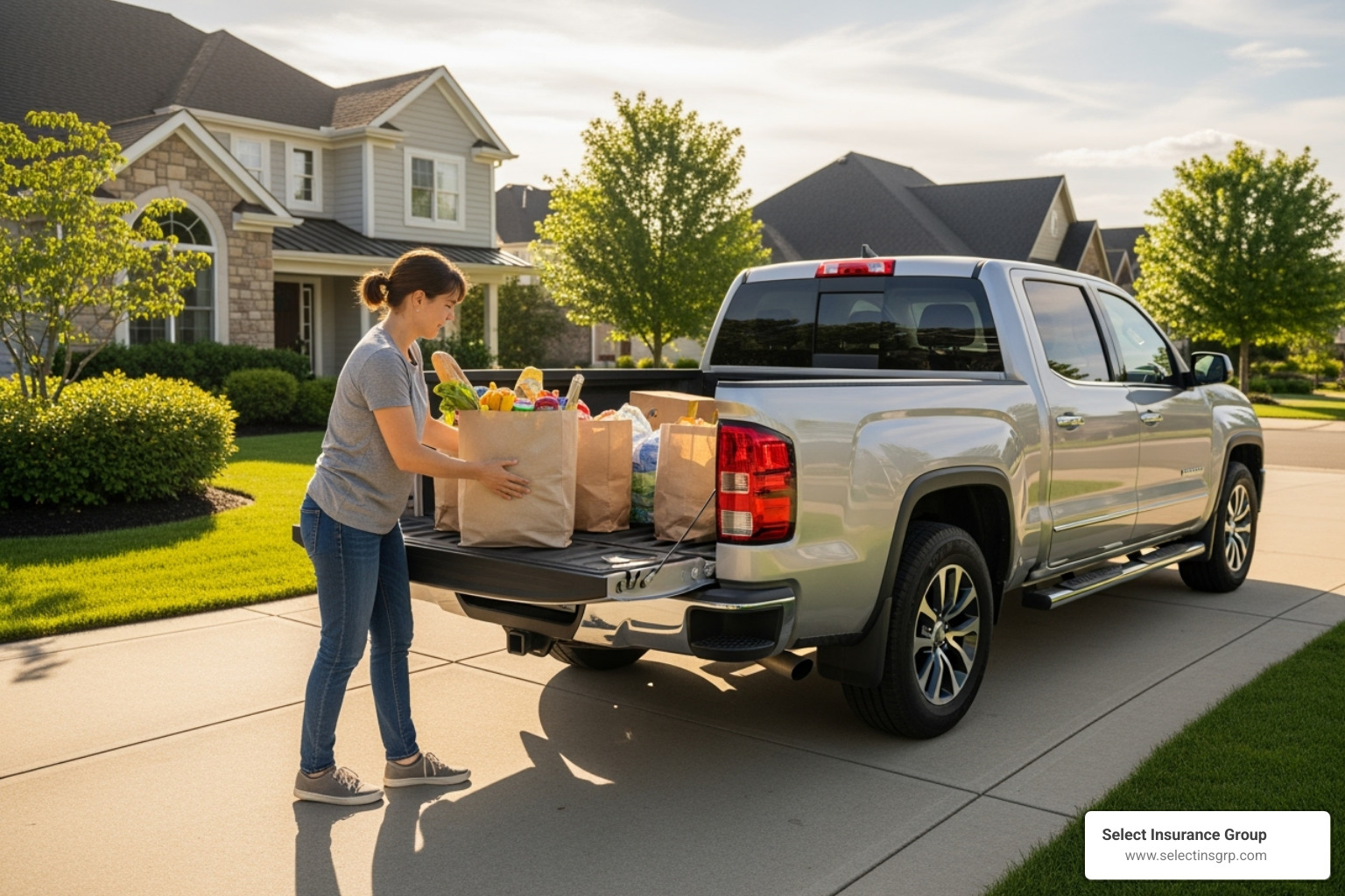 of a person loading groceries into the bed of their pickup truck in a suburban driveway - truck car insurance