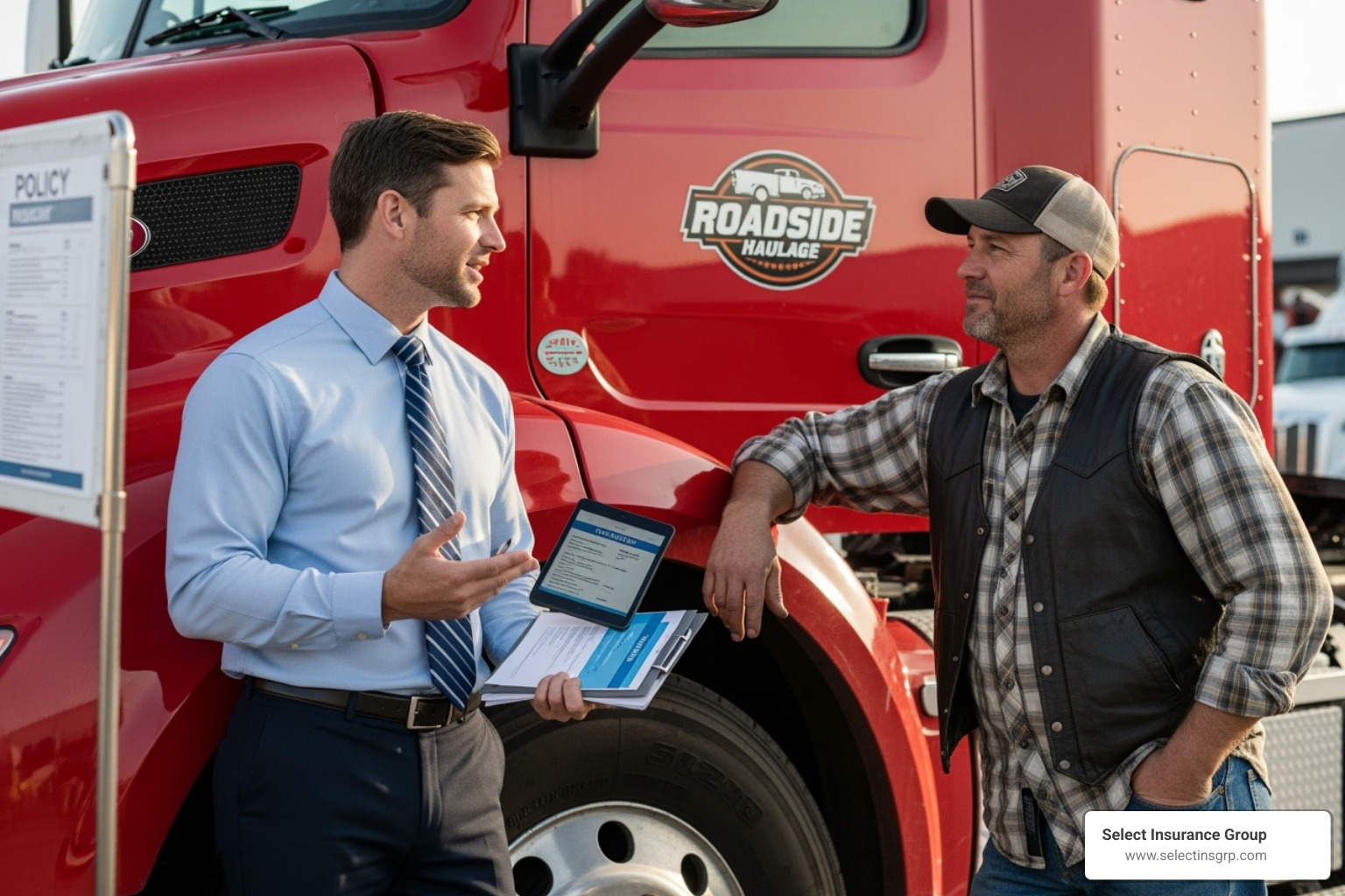 of an insurance agent discussing a policy with a small business owner in front of their truck - truck car insurance