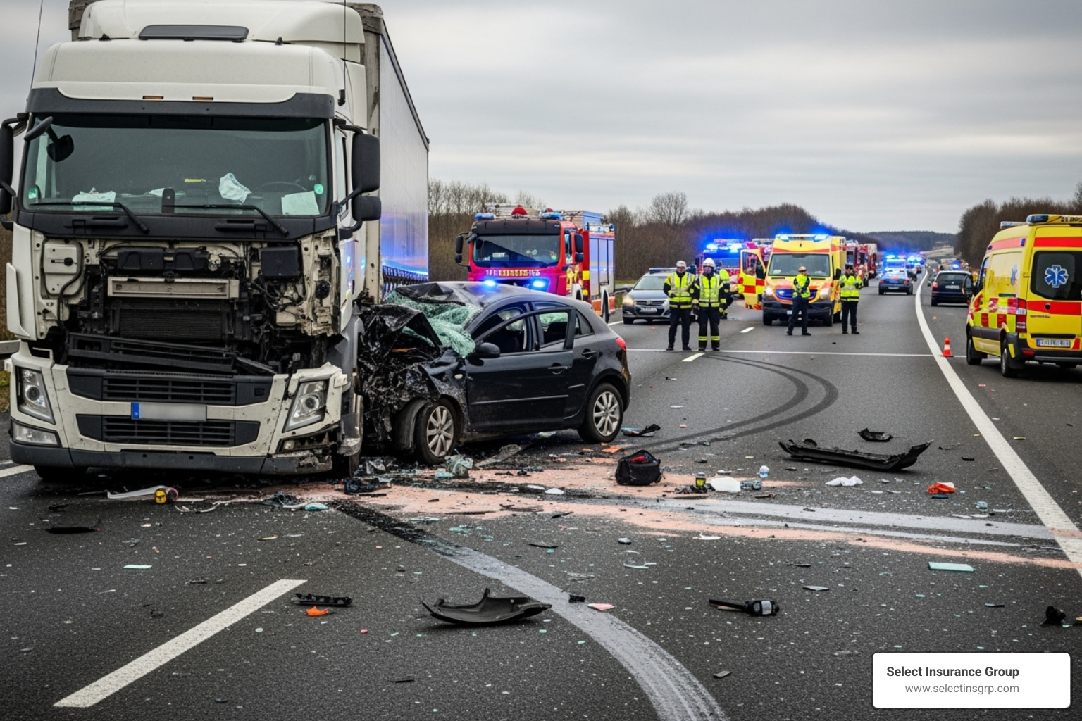 accident scene with truck and smaller car - truck liability coverage accident scene with truck and smaller car - truck liability coverage