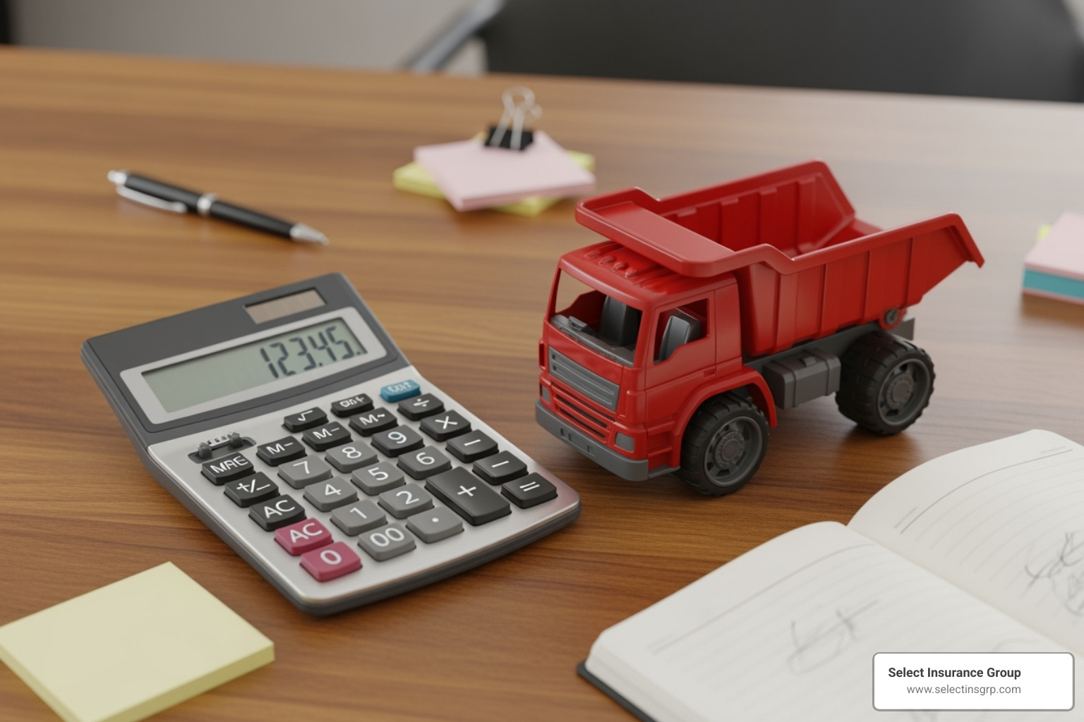 calculator and toy truck on a desk - Average truck insurance cost