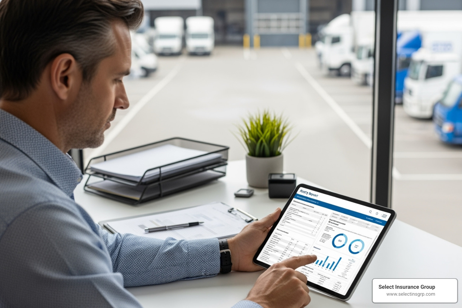 fleet manager reviewing safety report on tablet - Average truck insurance cost