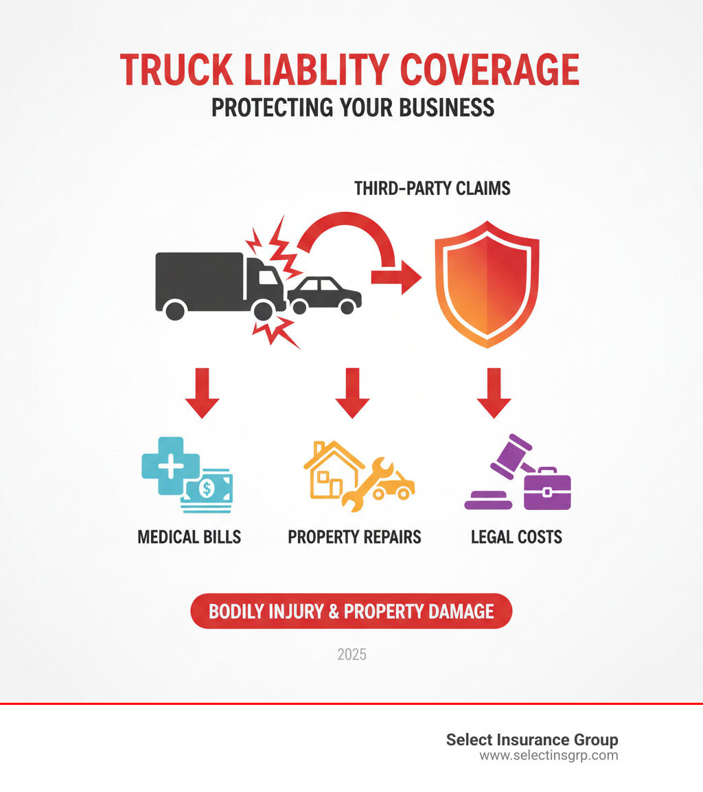 infographic showing truck liability coverage protecting business from third-party claims for bodily injury and property damage, with arrows pointing from accident scene to medical bills, property repairs, and legal costs - truck liability coverage infographic  infographic showing truck liability coverage protecting business from third-party claims for bodily injury and property damage, with arrows pointing from accident scene to medical bills, property repairs, and legal costs - truck liability coverage infographic