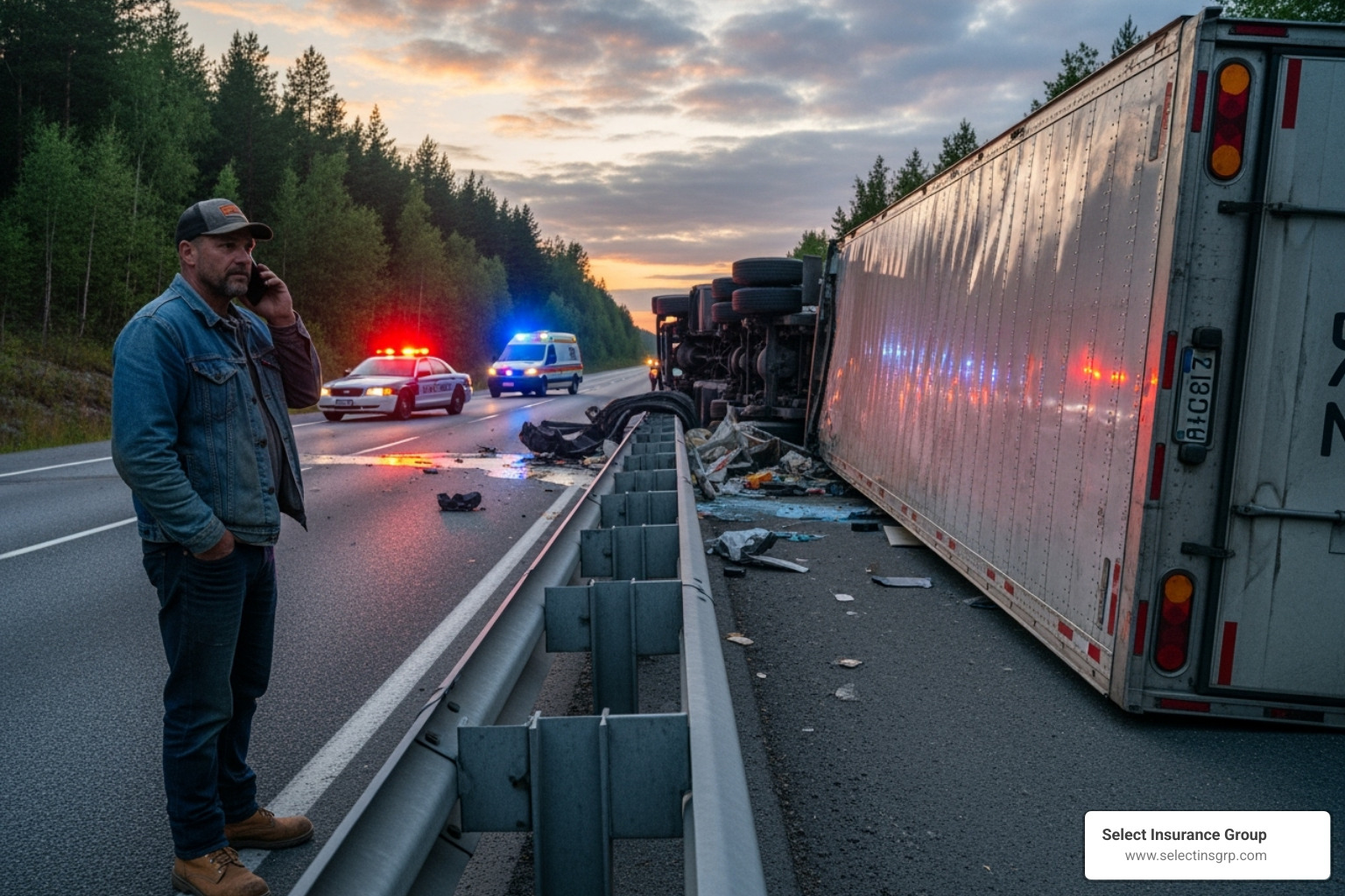 a trucker on the phone at the scene of an overturned truck - Cargo insurance for truckers